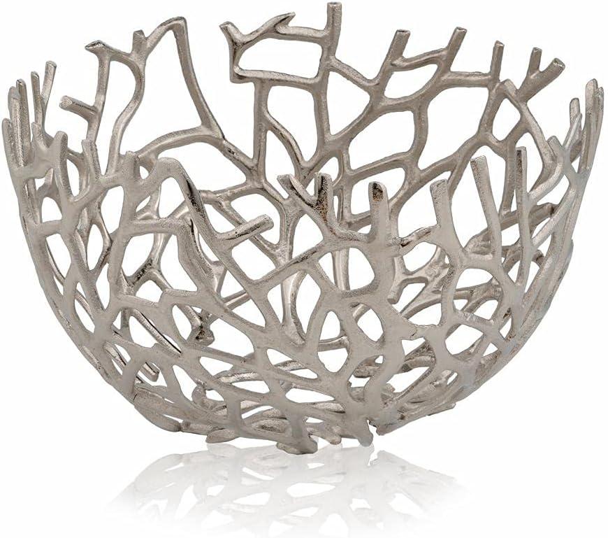 Modern Day Accents Twigs Round, Silver, Bowl, Holds Fruits, Keys, Phones, Accessories, Fillers, & Spheres, Branches, Tabletop, Accent, Modern, Aluminum, 14.5" x 14.5" x 8.5"