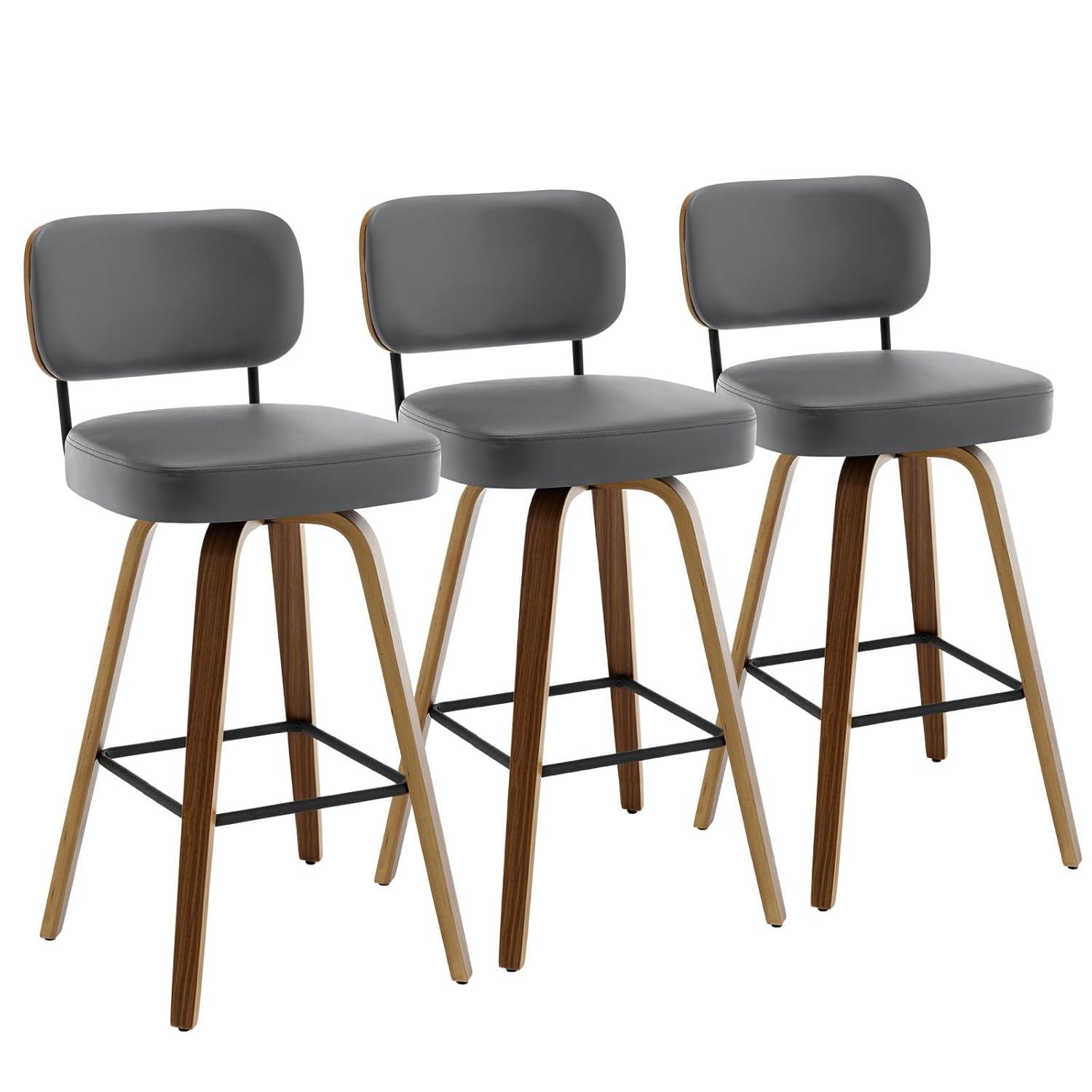 Grey Faux Leather Swivel Bar Stools with Wood Back