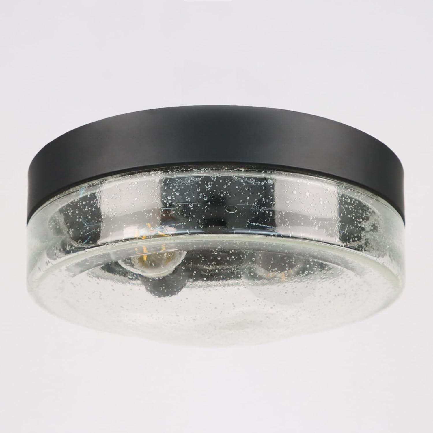 Matte Black 2-Light Flush Mount Ceiling Fixture with Seeded Glass Shade