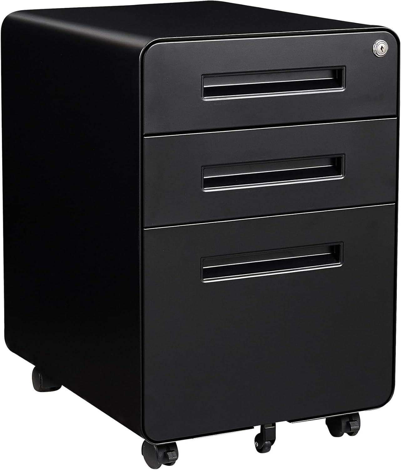 Keeomi Mobile Filing Cabinet 3 Drawer, Rolling Small File Cabinet with Keys Under Desk, Modern Black Filing Cabinet for Home Office with Anti-tilt Wheels, A4/Letter/Legal Hanging File Drawers