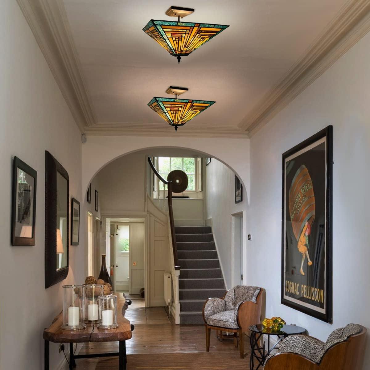 Chloe Lighting Innes Tiffany-Style 2 Light Mission Semi-Flush Ceiling Fixture 14" Shade