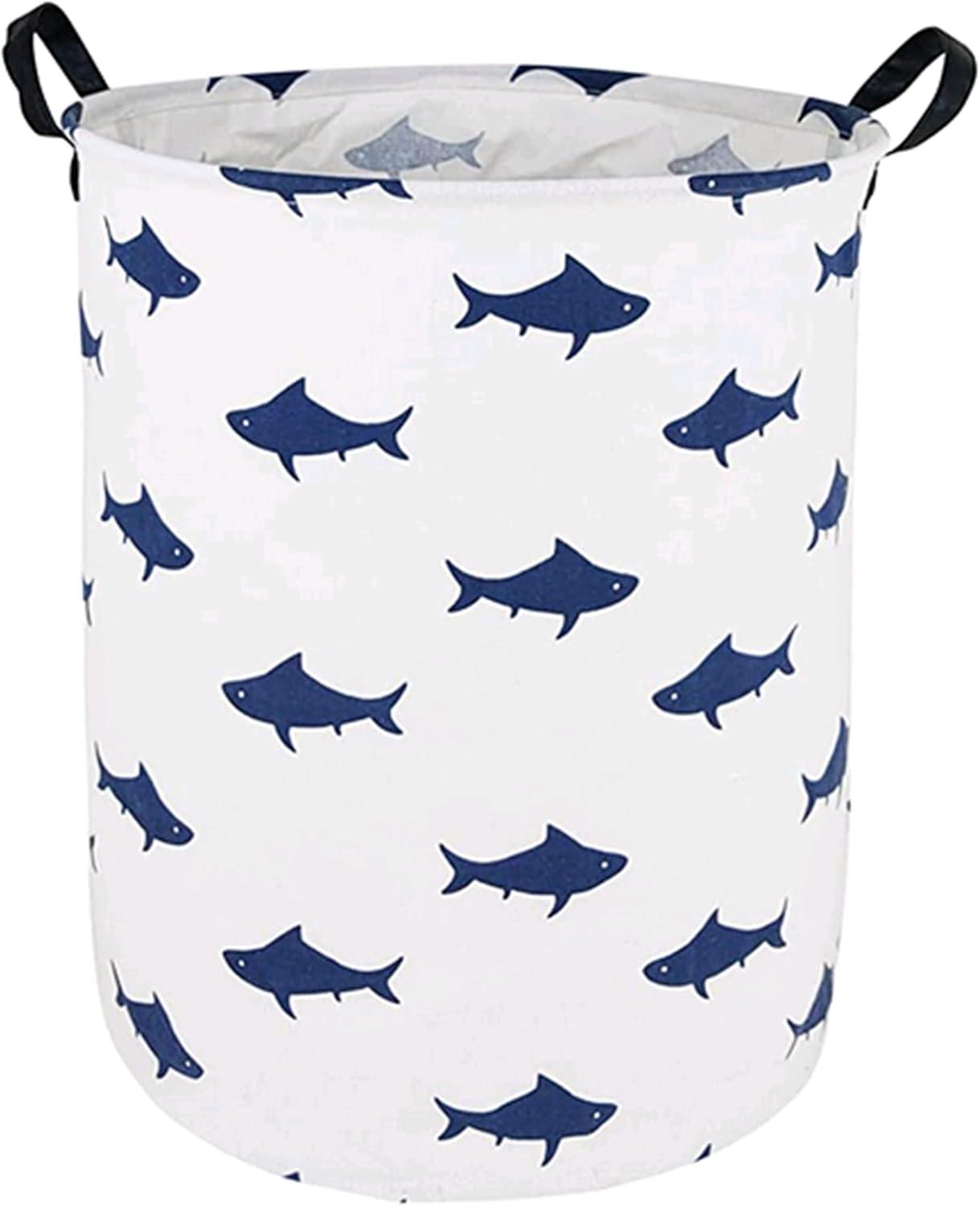 HUAYEE Round Laundry Basket Waterproof Round Cotton Linen Collapsible Storage bin with Handles for Hamper Kids Room,Toy Storage(navy shark)