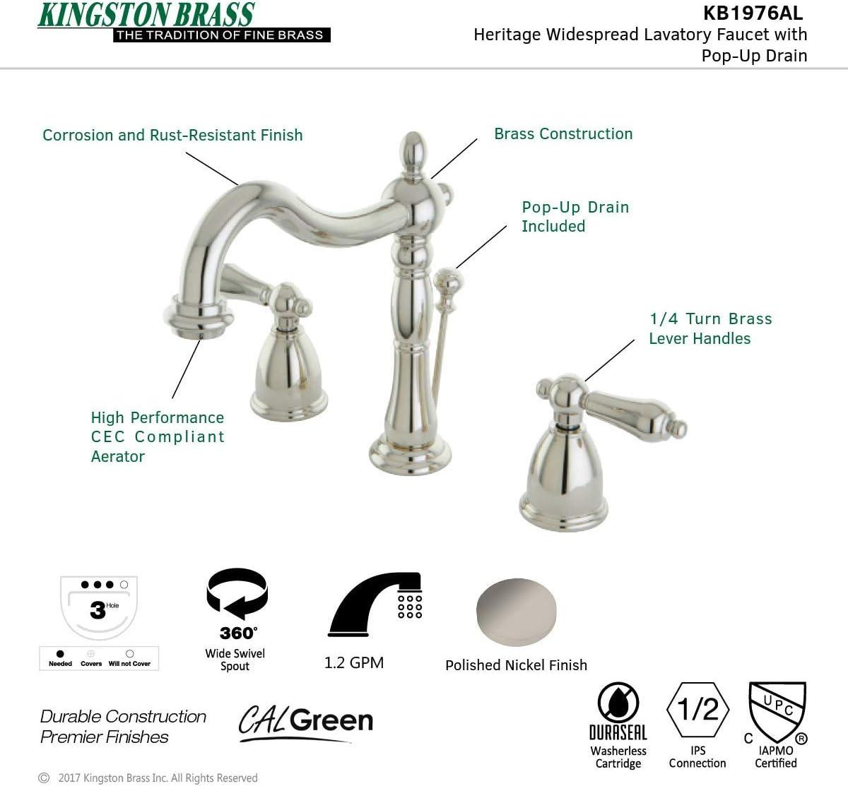 Kingston Brass Heritage Two-Handle 3-Hole Deck Mount Widespread Bathroom Faucet with Pop-Up Drain