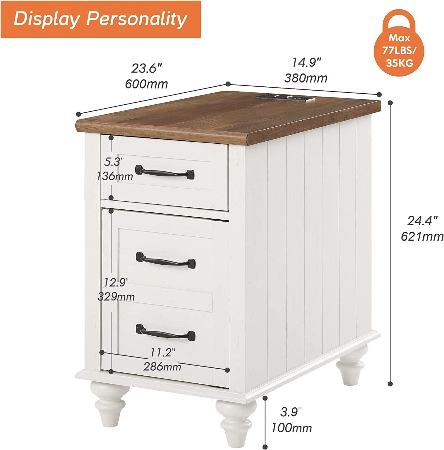 WAMPAT 2 Pack End Tables with Charging Station, Farmhouse Side Table with Drawer & Storage Cabinet, White Nightstand with Power Outlets & USB Ports for Living Room, Bedroom