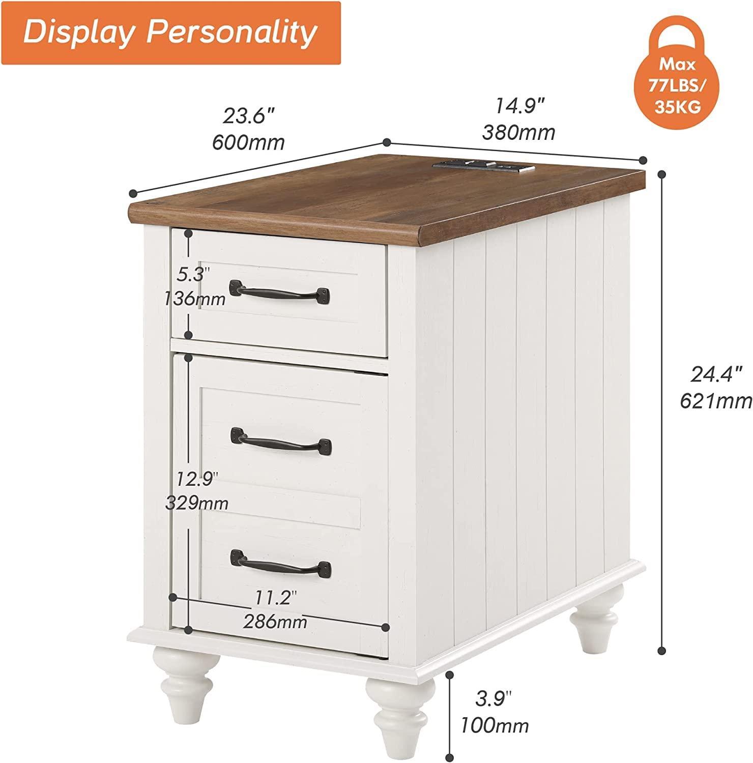 WAMPAT 2 Pack End Tables with Charging Station, Farmhouse Side Table with Drawer & Storage Cabinet, White Nightstand with Power Outlets & USB Ports for Living Room, Bedroom