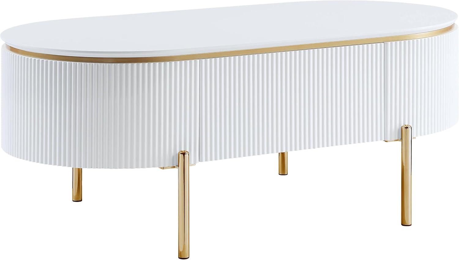 White and Gold Oval Wood Coffee Table with Metal Legs