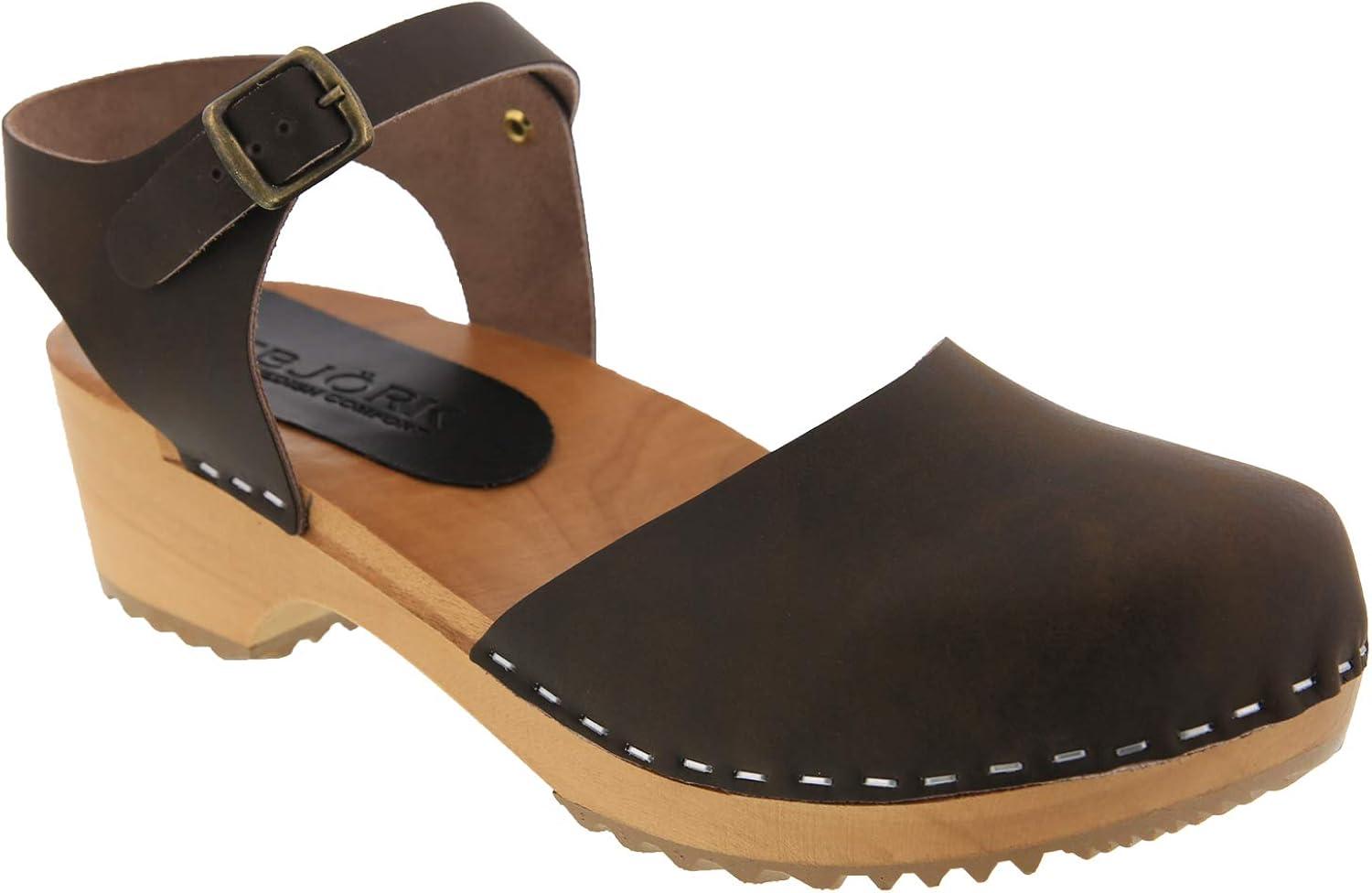 Bjork Alma Brown Leather Low Heel Ankle Strap Clogs