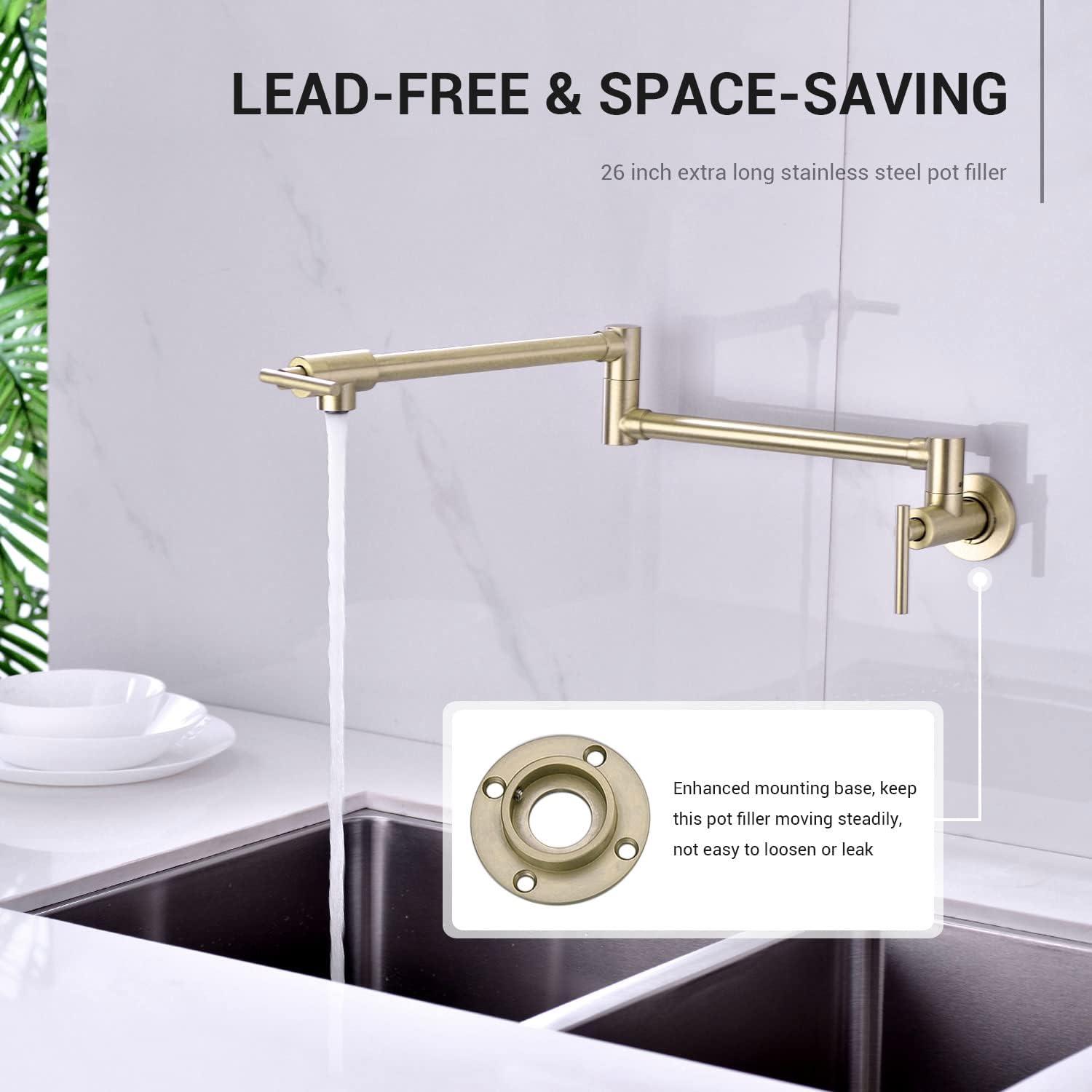 Brushed Gold Stainless Steel Wall Mount Pot Filler Faucet