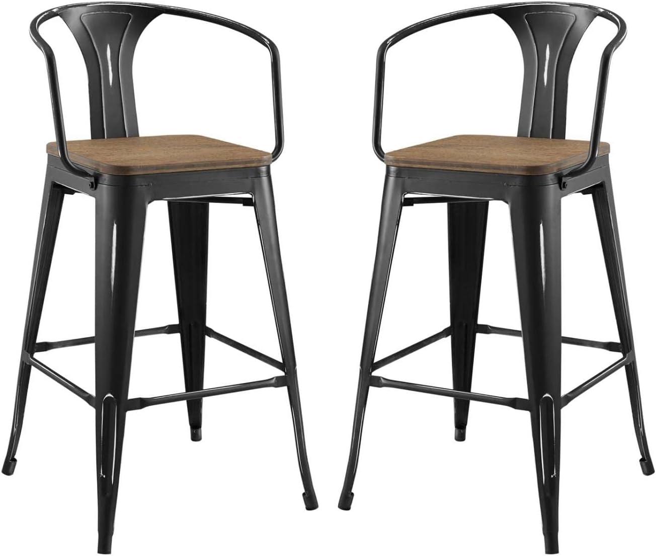 Black Metal and Wood Bistro Bar Stools, Set of 2