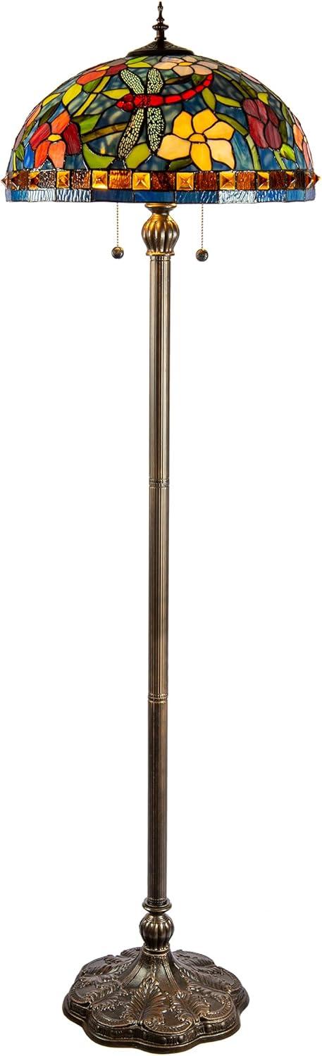 Antique Bronze Josef Tiffany-Inspired 62" Floor Lamp with Nature Motifs