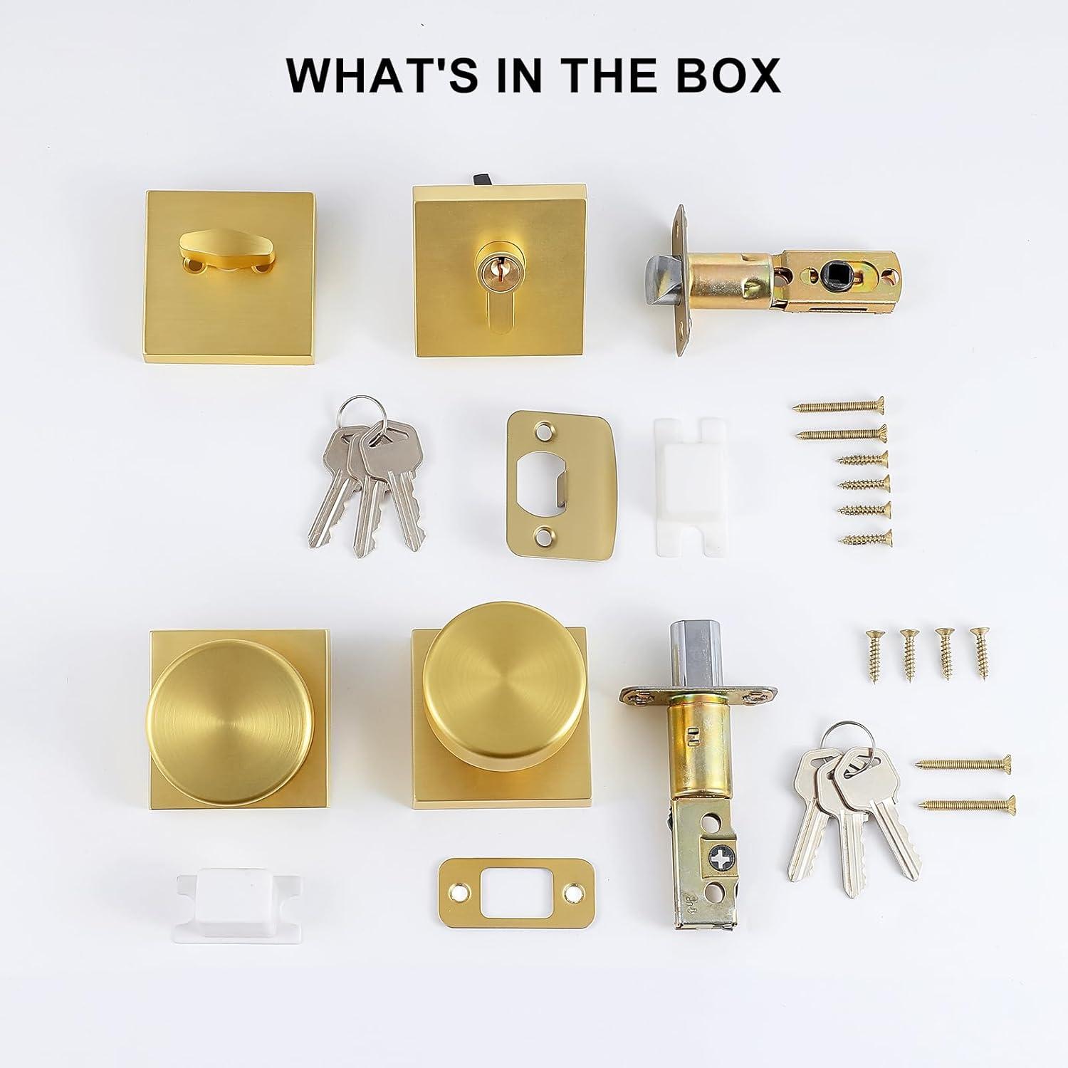 Modern Satin Brass Square Deadbolt Lock and Knob Set