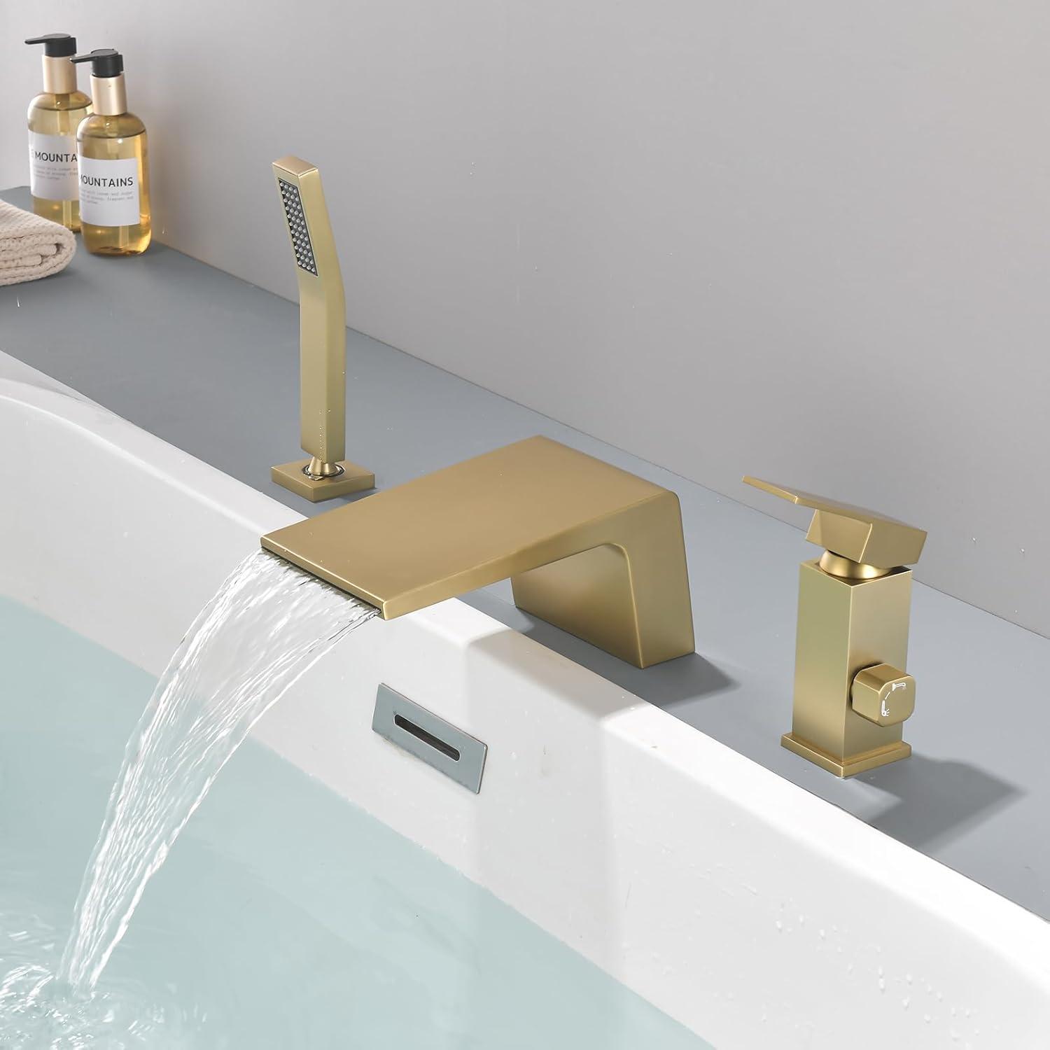 Brushed Gold Single Handle Waterfall Tub Faucet with Hand Shower