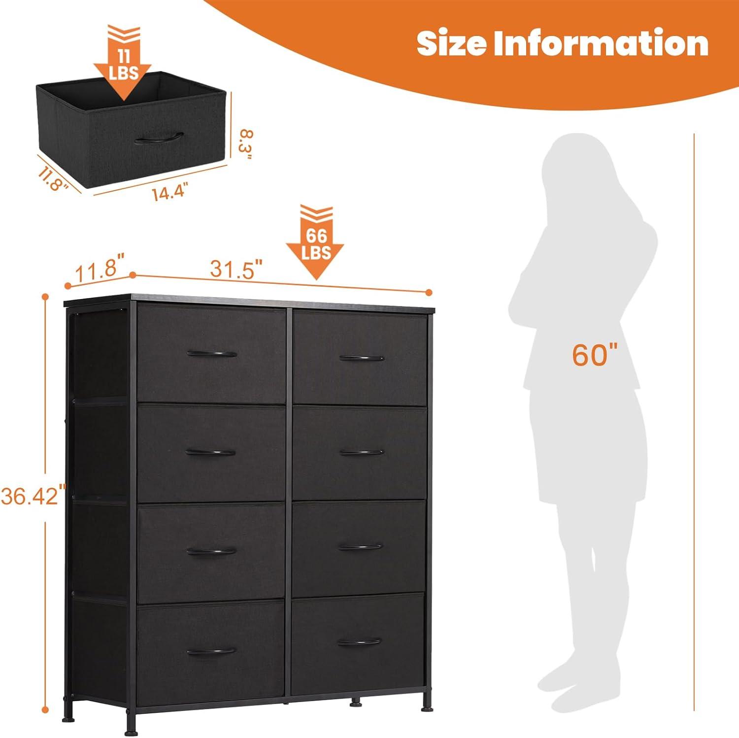 Dresser, Dresser for Bedroom Drawer Organizer Storage Drawers, Fabric Storage Tower with 8 Drawers, Chest of Drawers with Steel Frame, Wood Top for Nursery, Living Room, Closet