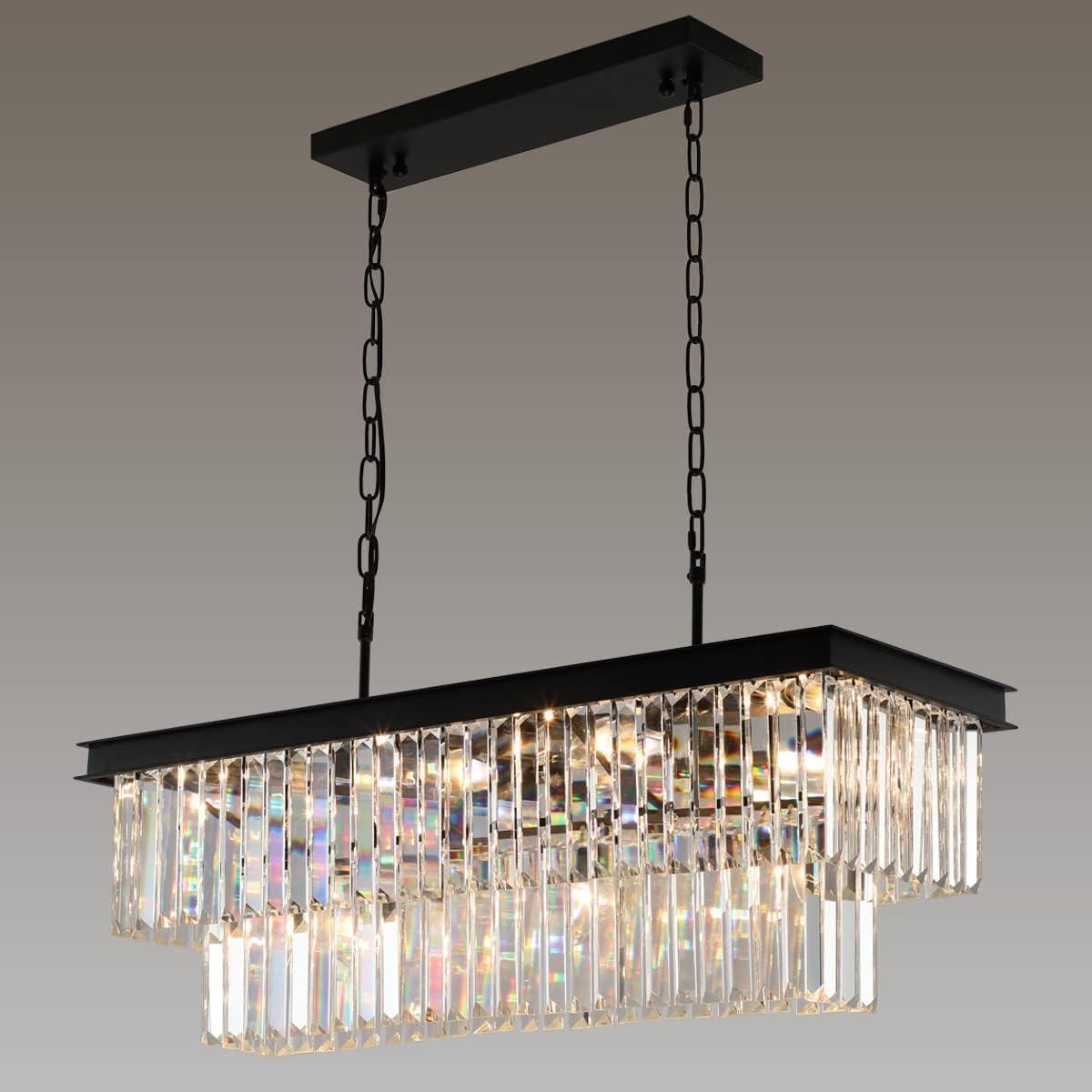 Crystal Chandeliers for Dining Room 11-Light Black Modern Chandelier Rectangle Contemporary Pendant Light Fixture for Kitchen Island Bar