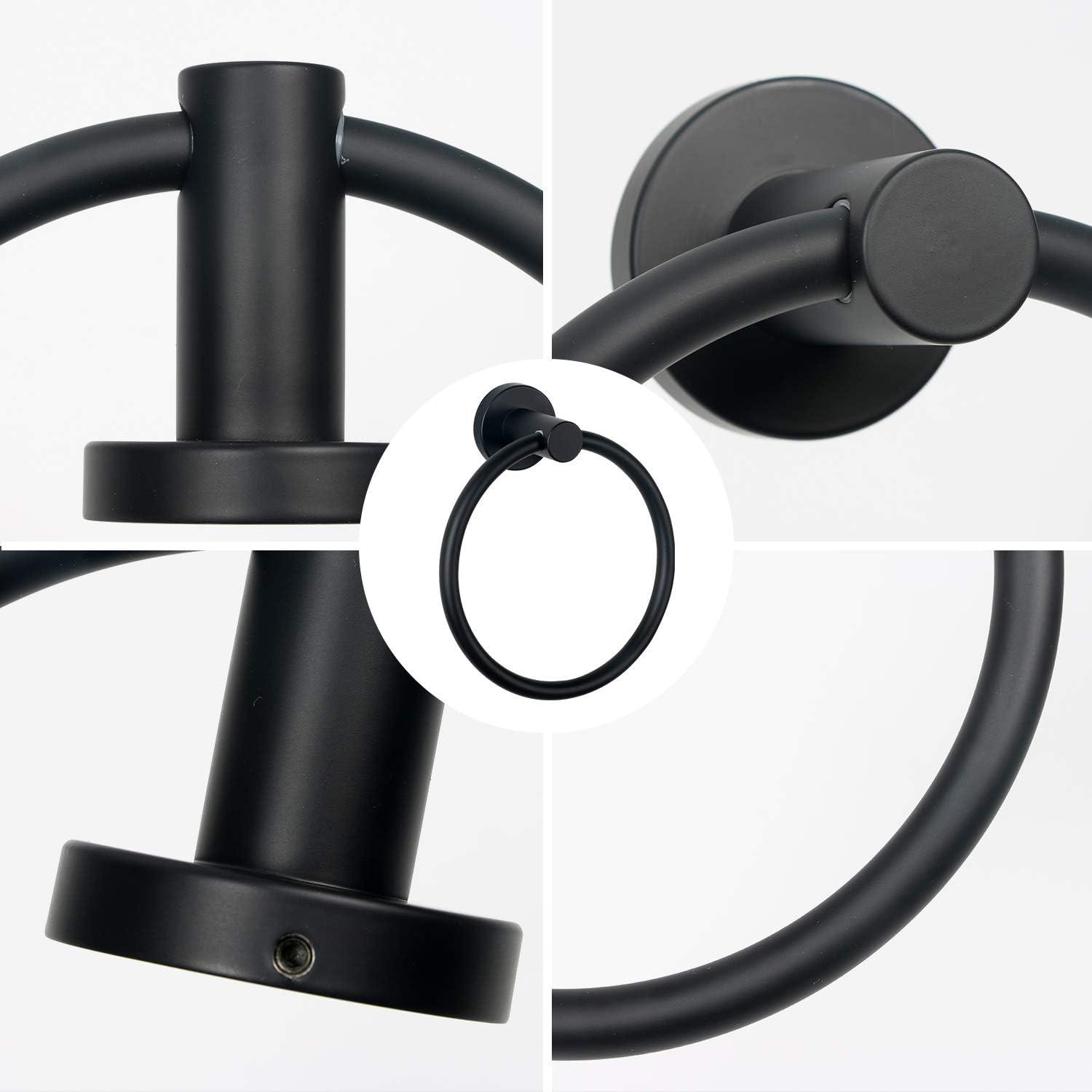 Matte Black Towel Ring for Bathroom Stainless Steel Rustproof Modern Hand Towel Holder Hangers Round Wall Mount Bath Hardware Set with Installation Accessories and Instructions