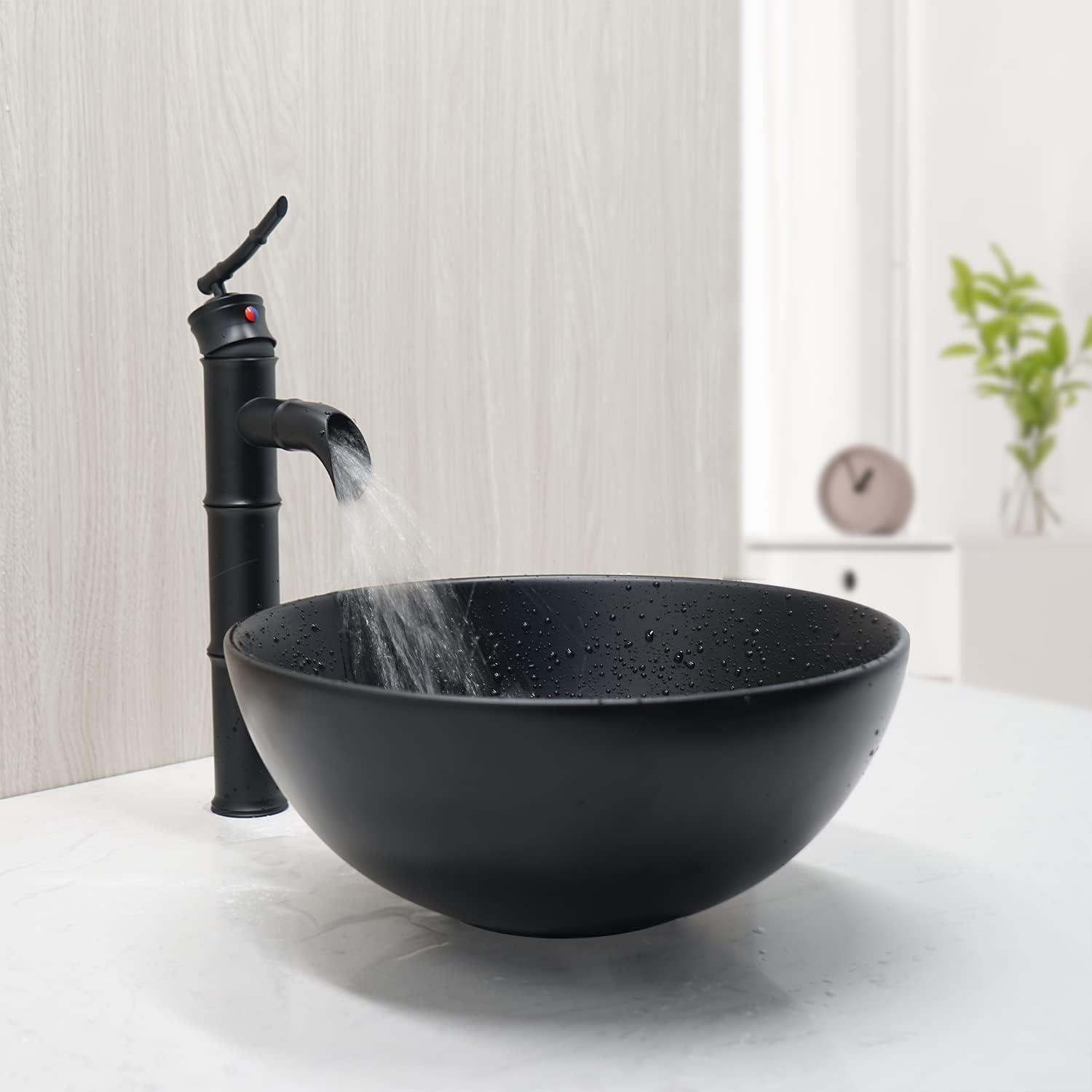 Black Round Ceramic Vessel Sink with Bamboo Faucet