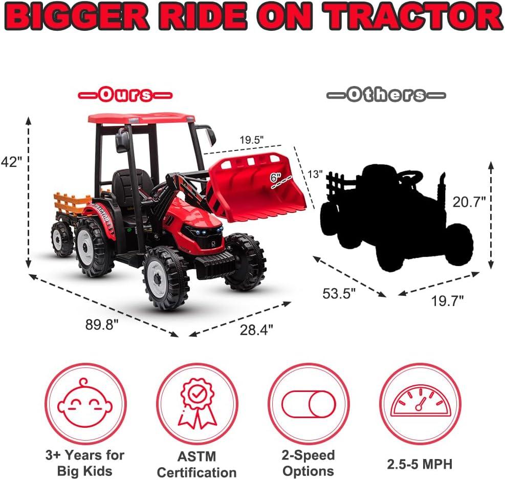 24V Red Ride-On Tractor with Loader and Trailer