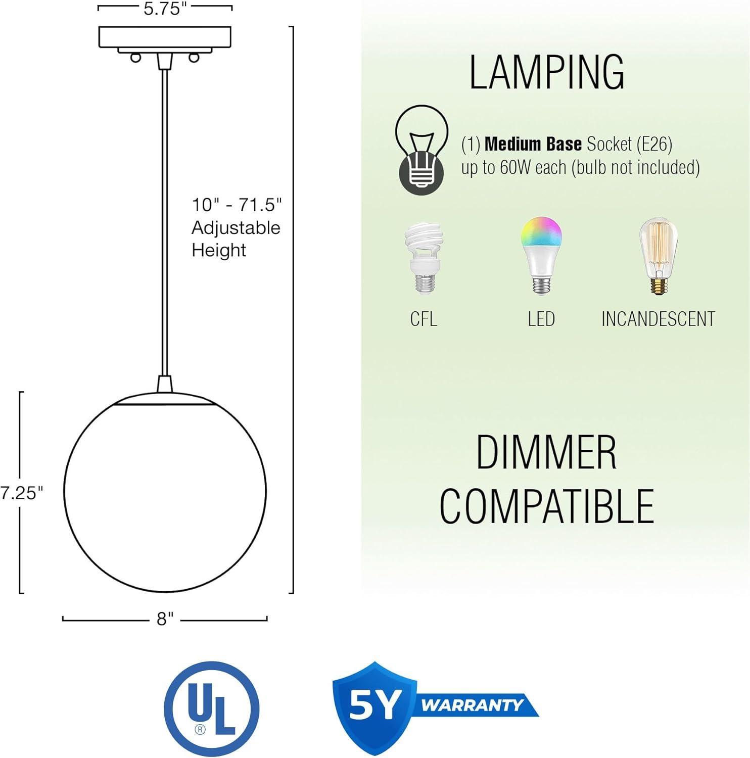 White Frosted Glass Globe Pendant Light with Adjustable Wire