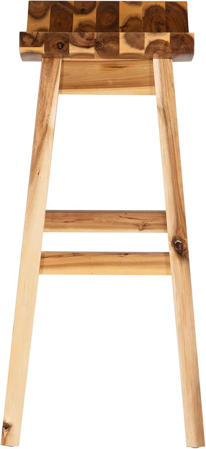Linon Dale 30" Acacia Wood Saddle Seat Bar Stool in Rustic Light Natural Brown