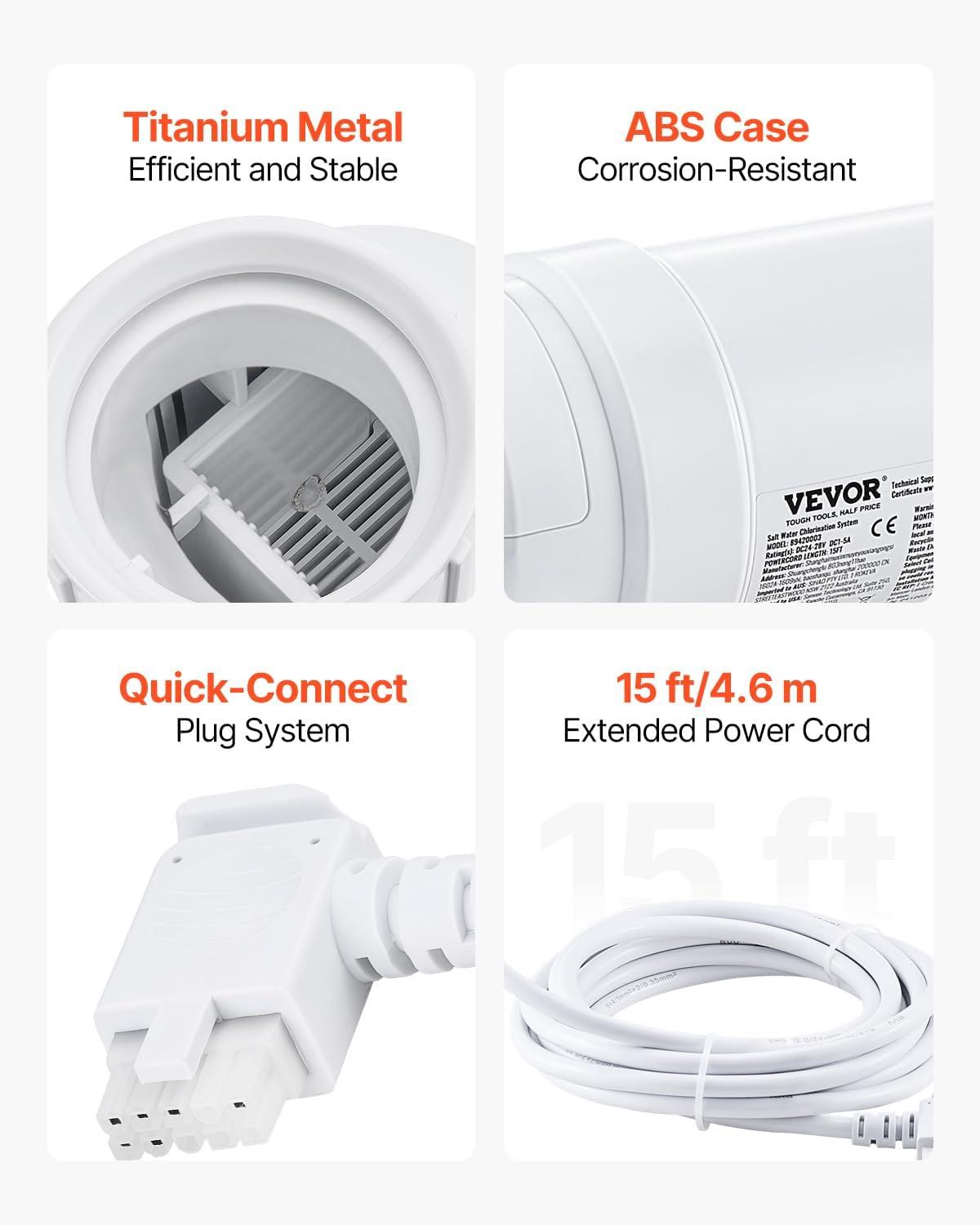 VEVOR Salt Water Chlorinator System, Pool Chlorination Cell Fits for Hayward W3T-Cell-15 (T15), Pool Cell Salt Water System for In-Ground Swimming Pools up to 40,000 Gallons, 15 ft Power Line, White
