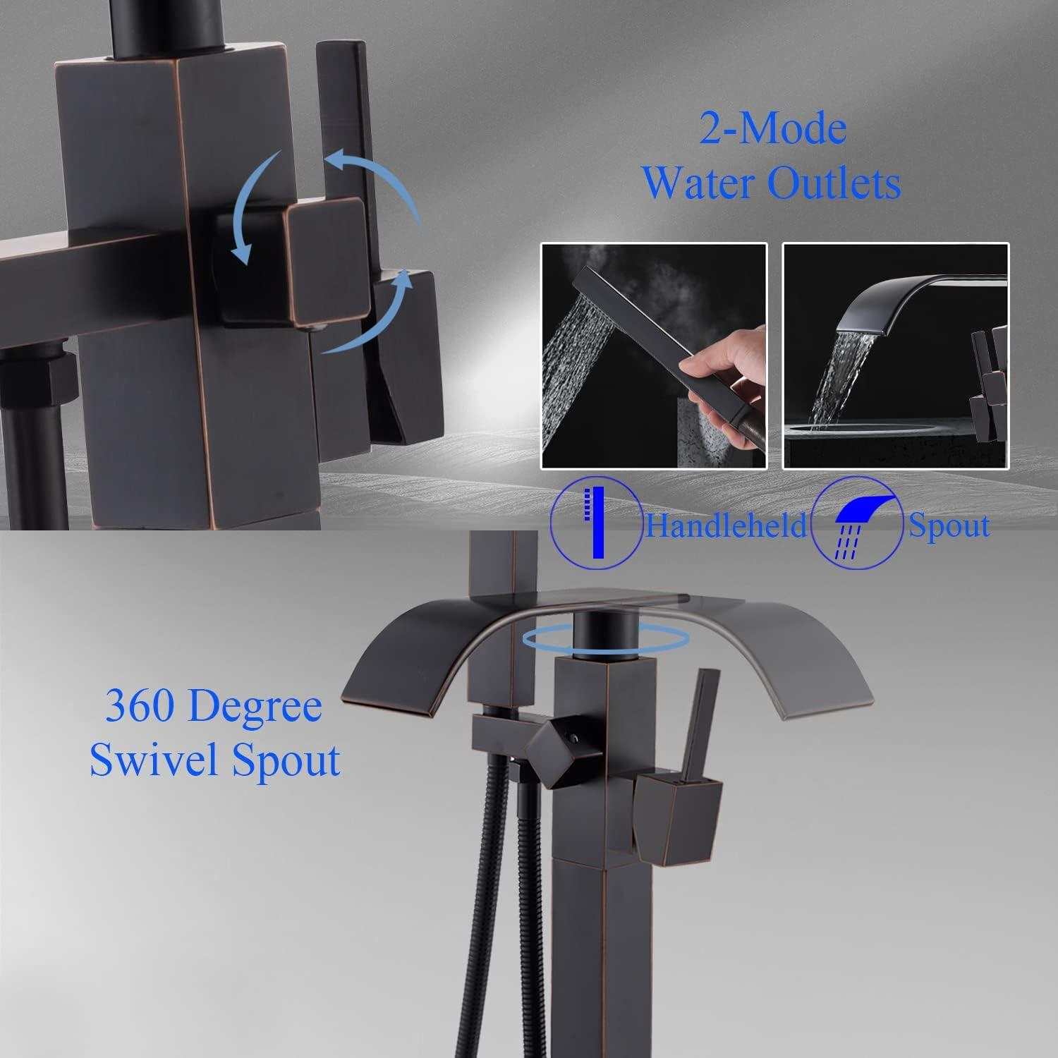 Senlesen Barthroom Tub Filler Faucet Floor Mounted Bathtub Shower Faucet Waterfall Spout Free Standing Tub Mixer Tap with Handheld Sprayer