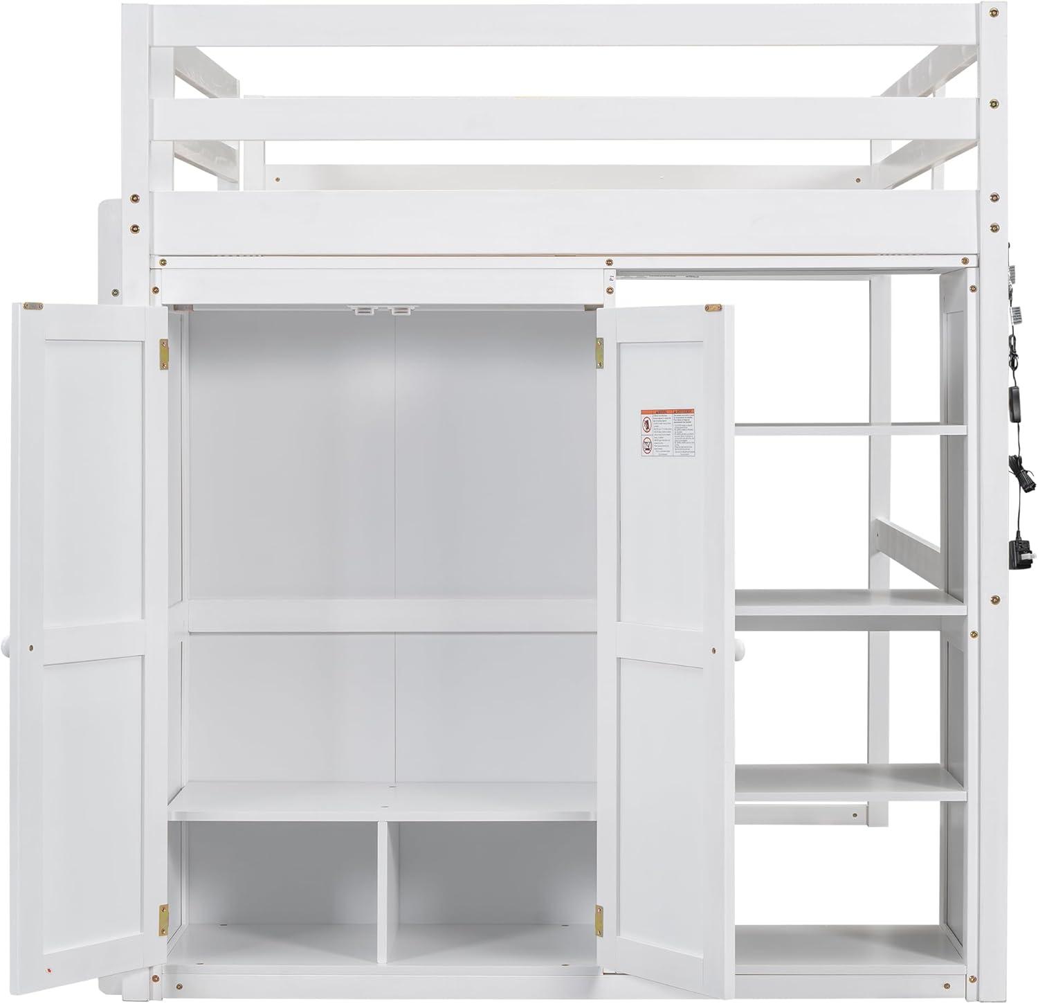 Harper & Bright Designs Full Size Loft Bed with Storage Shelves & Wardrobe, Wood Full Loft Bed Frame with LED Light for Kids Teens,Adults,Space Saving High Loft Bed,White