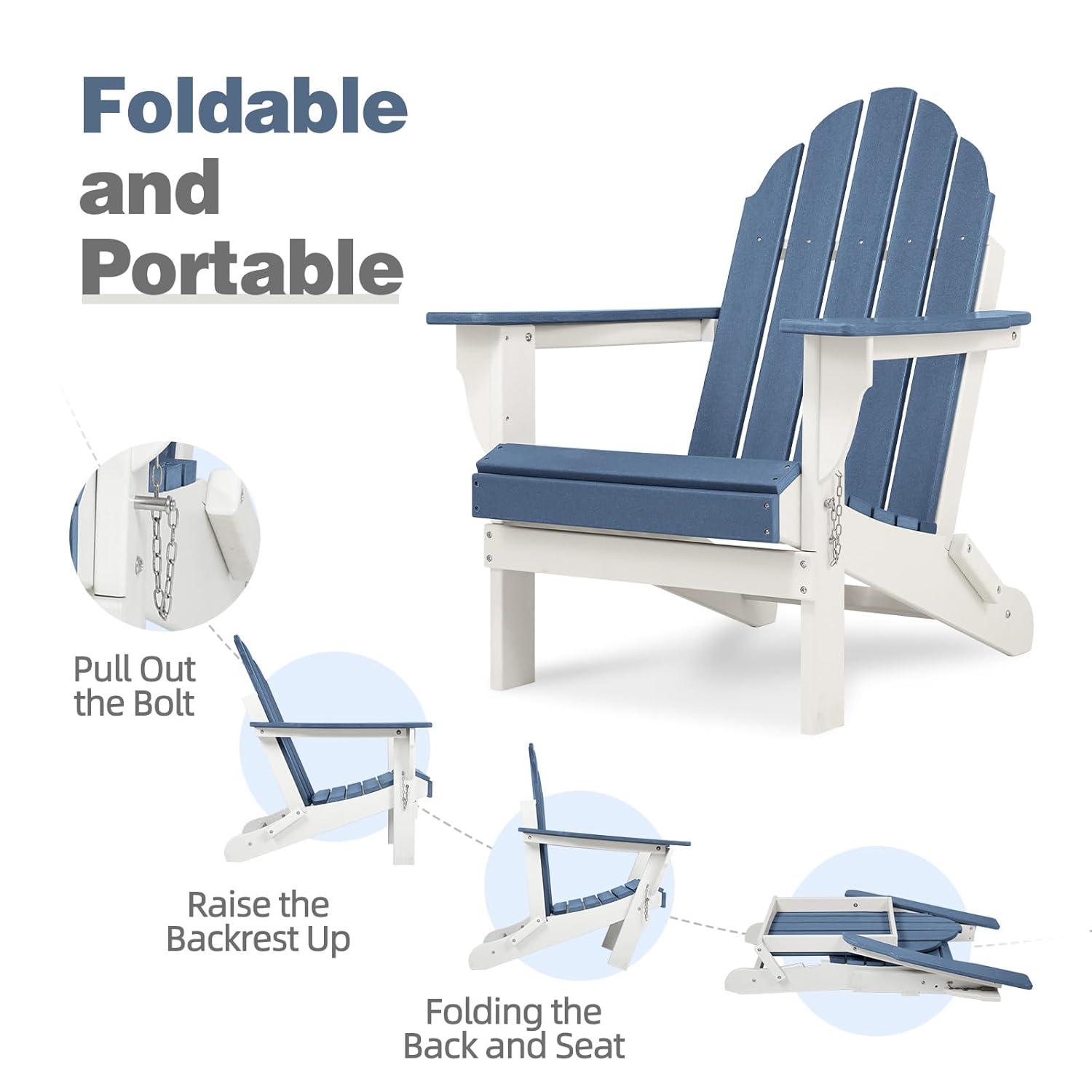 Aoodor HDPE Outdoor All-Weather Folding Adirondack Chair for Patio, Garden, Backyard, Lawn, Fire Pit, Navy Blue