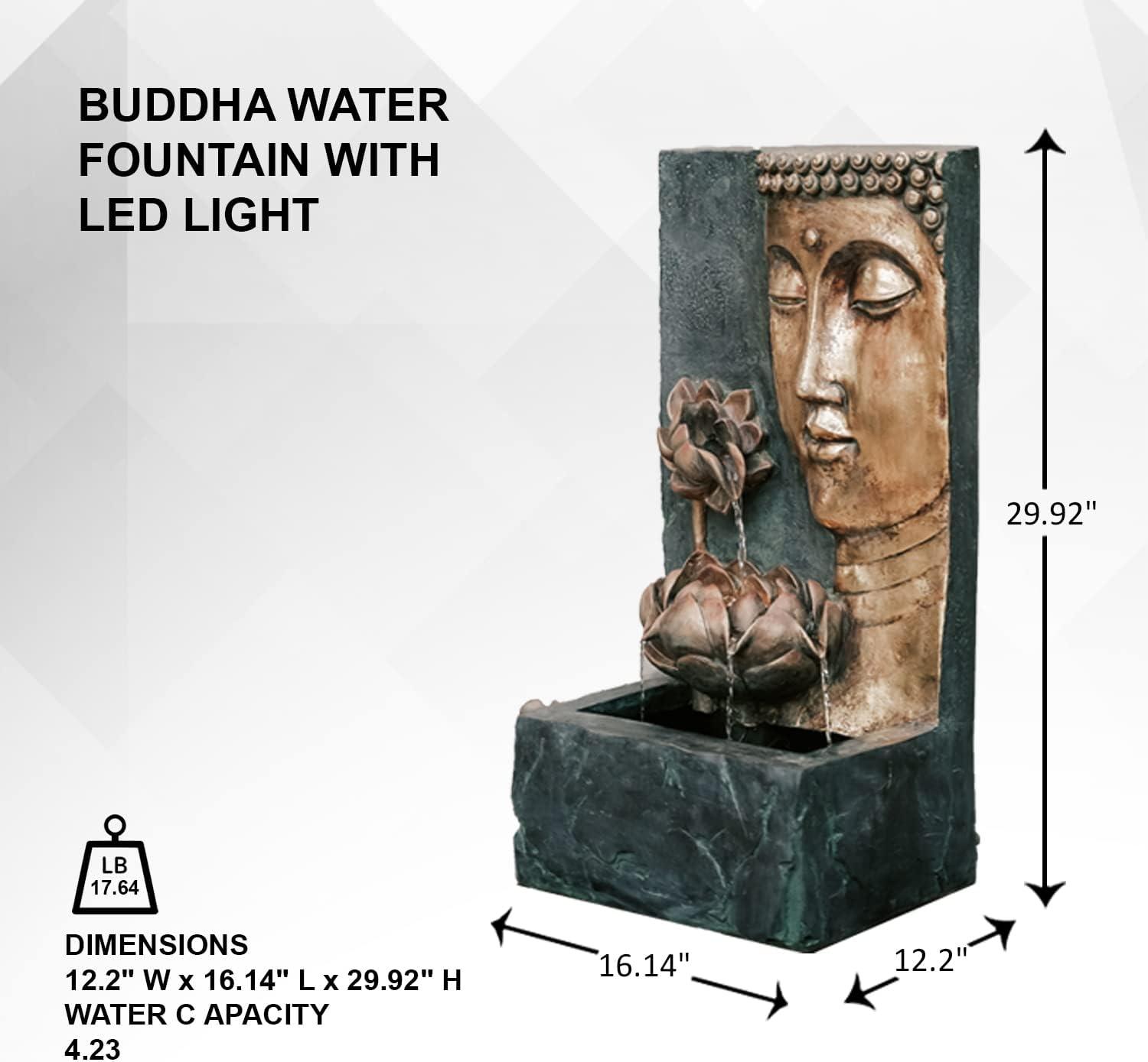 XBrand 30" H Zen Buddha Face Water Fountain w/ LED light & Pump, Indoor/Outdoor Freestanding, Relaxing Zen Décor, Bronze and Natural Grey Polyresin Fountain for Home Patio Garden Backyard