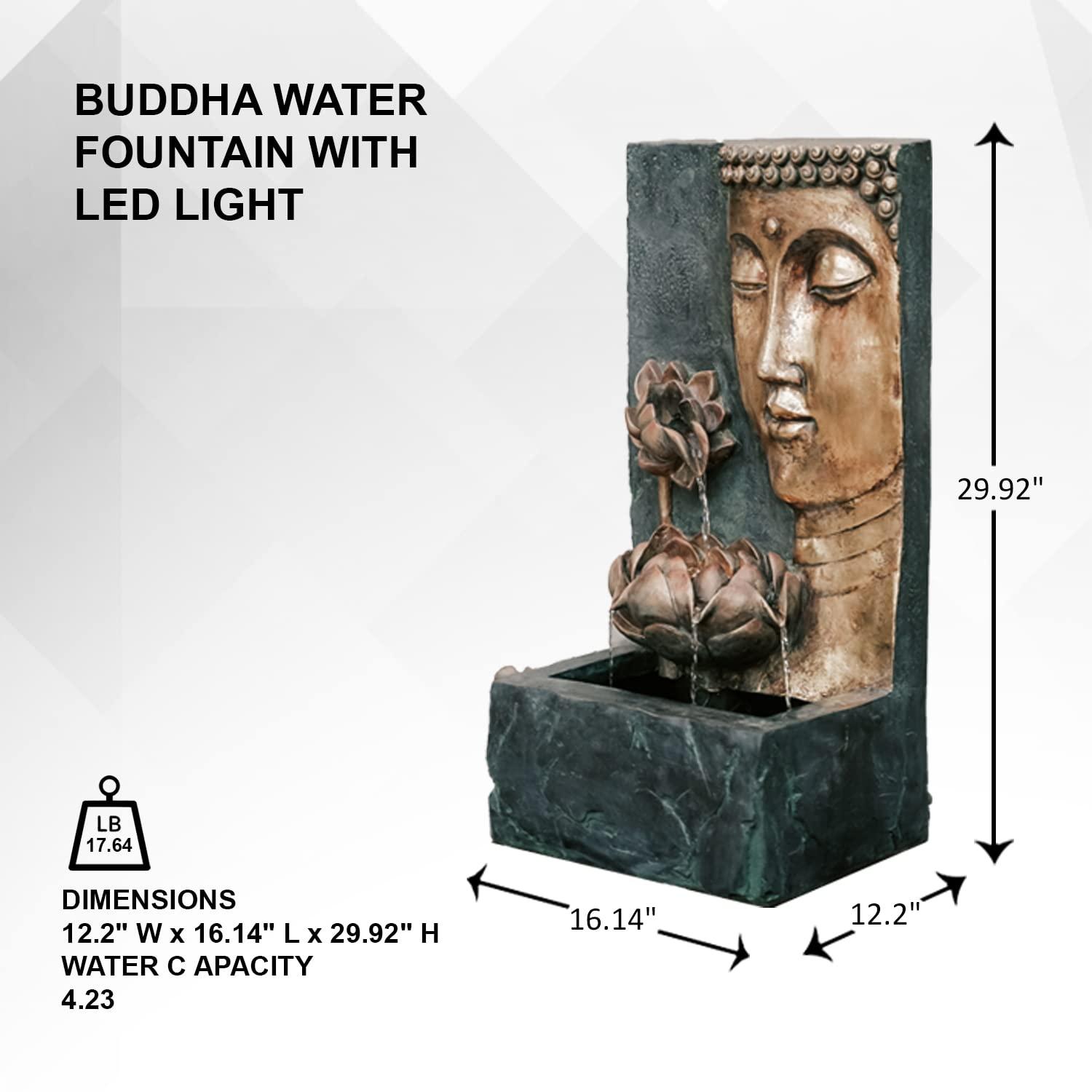 XBrand 30" H Zen Buddha Face Water Fountain w/ LED light & Pump, Indoor/Outdoor Freestanding, Relaxing Zen Décor, Bronze and Natural Grey Polyresin Fountain for Home Patio Garden Backyard