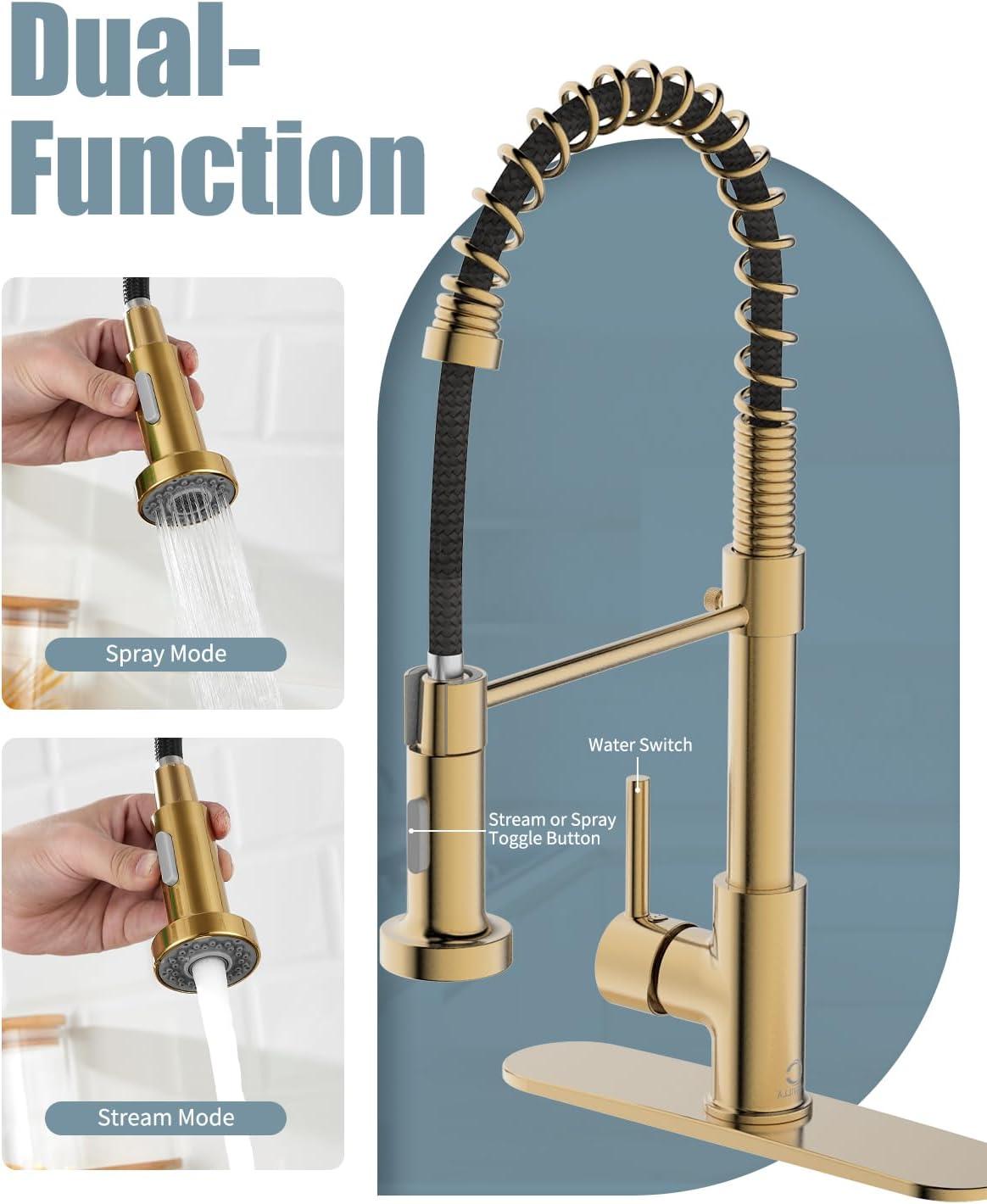 Brushed Gold Stainless Steel Pull Down Kitchen Faucet with Deck Plate