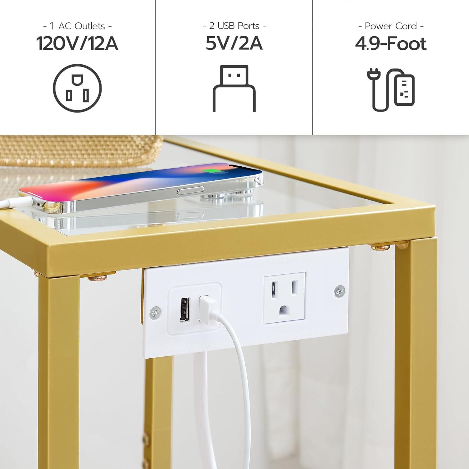 Side Table with Charging Station, Set of 2 End Tables with USB Ports, Nightstand for Tight Spaces, Tempered Glass, Modern Metal Frame, for Office, Bedroom, Living Room, Gold