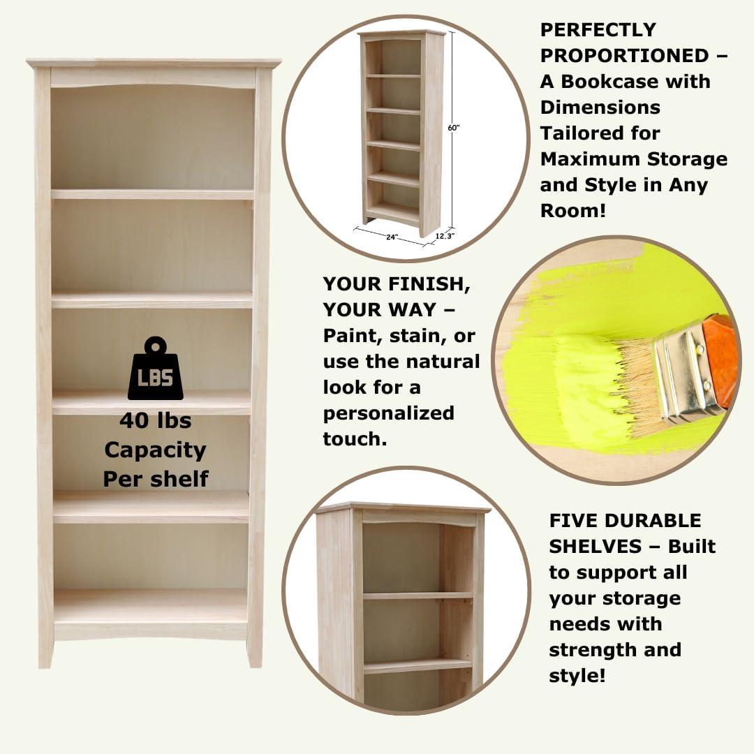 60"x24" Shaker Bookcase Unfinished - International Concepts: 5-Tier, Rubberwood, Enclosed Back, Adjustable Shelves