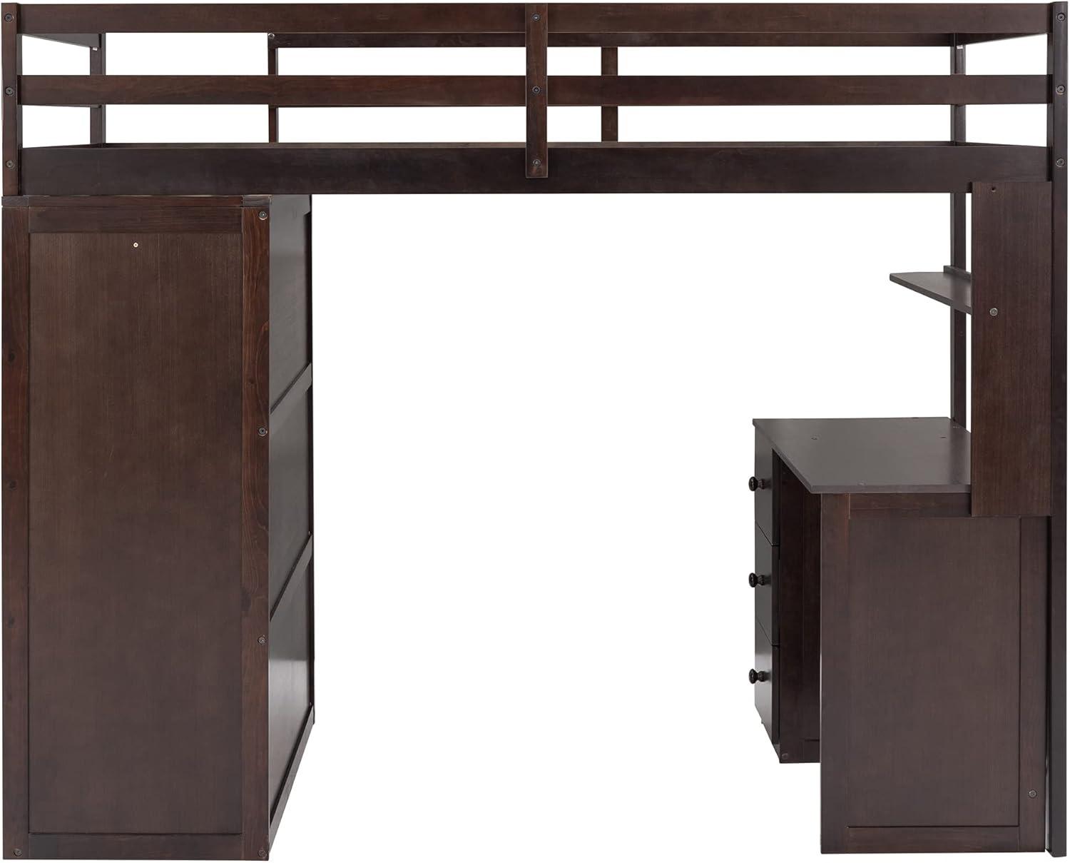 Seizeen Wooden Twin Size Loft Bed for Kids, Twin Loft Bed with Drawers, Desk, Wardrobe, Ladder & Safety Rails, Modern Bedroom Space Saving Loft Bed Frame with Storage, No Box Spring Needed, Espresso