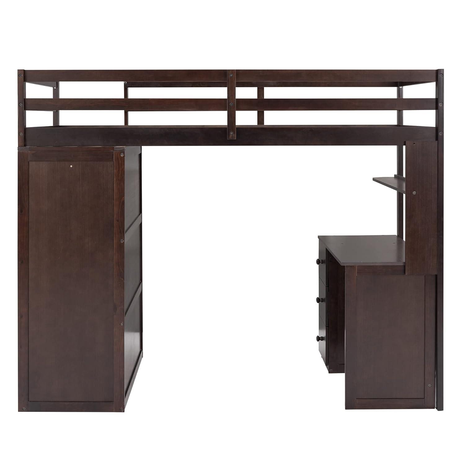 Seizeen Wooden Twin Size Loft Bed for Kids, Twin Loft Bed with Drawers, Desk, Wardrobe, Ladder & Safety Rails, Modern Bedroom Space Saving Loft Bed Frame with Storage, No Box Spring Needed, Espresso