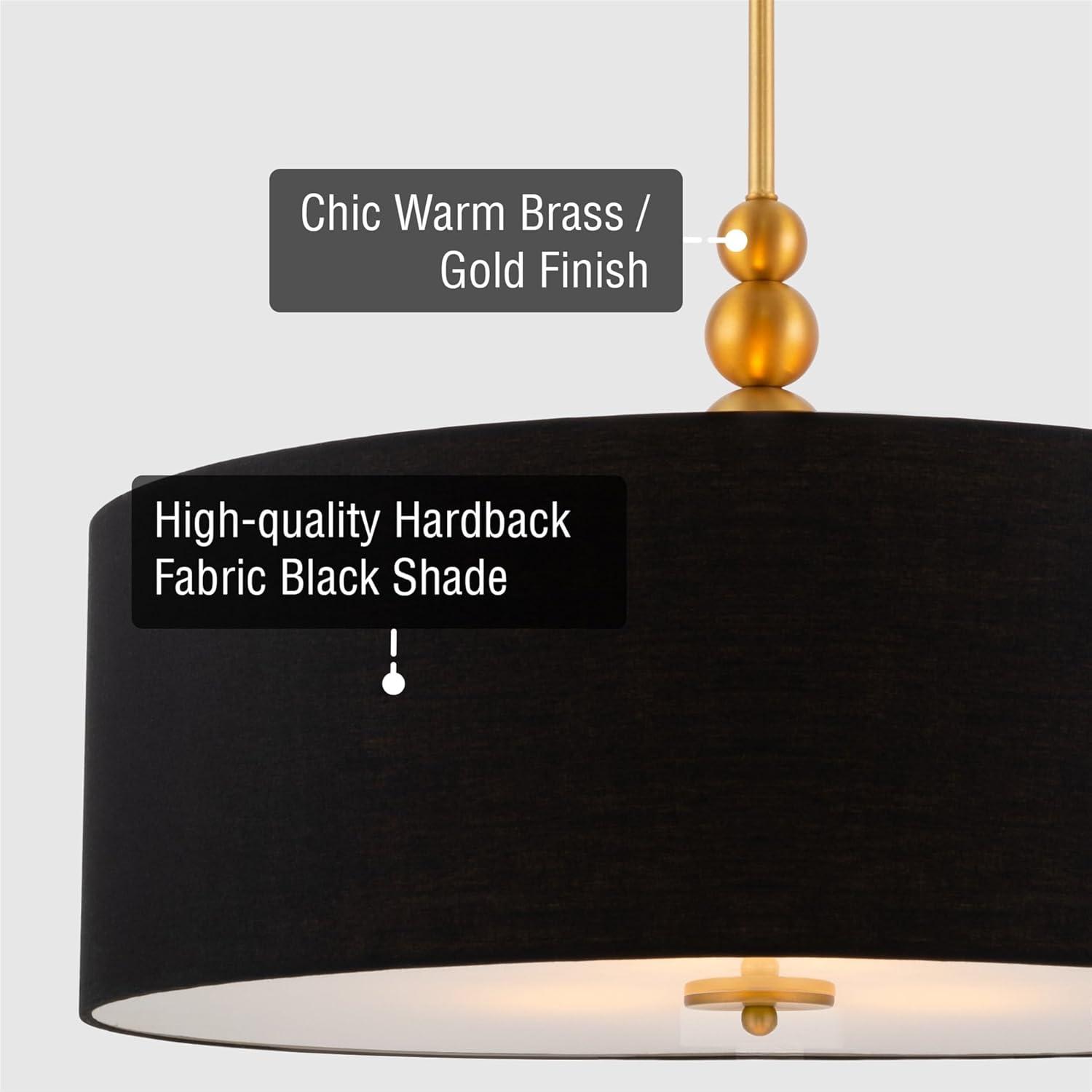 Kira Home Adelade 22" 3-Light Drum Pendant Chandelier, Black Fabric Shade, Glass Diffuser, Adjustable Height, Warm Brass