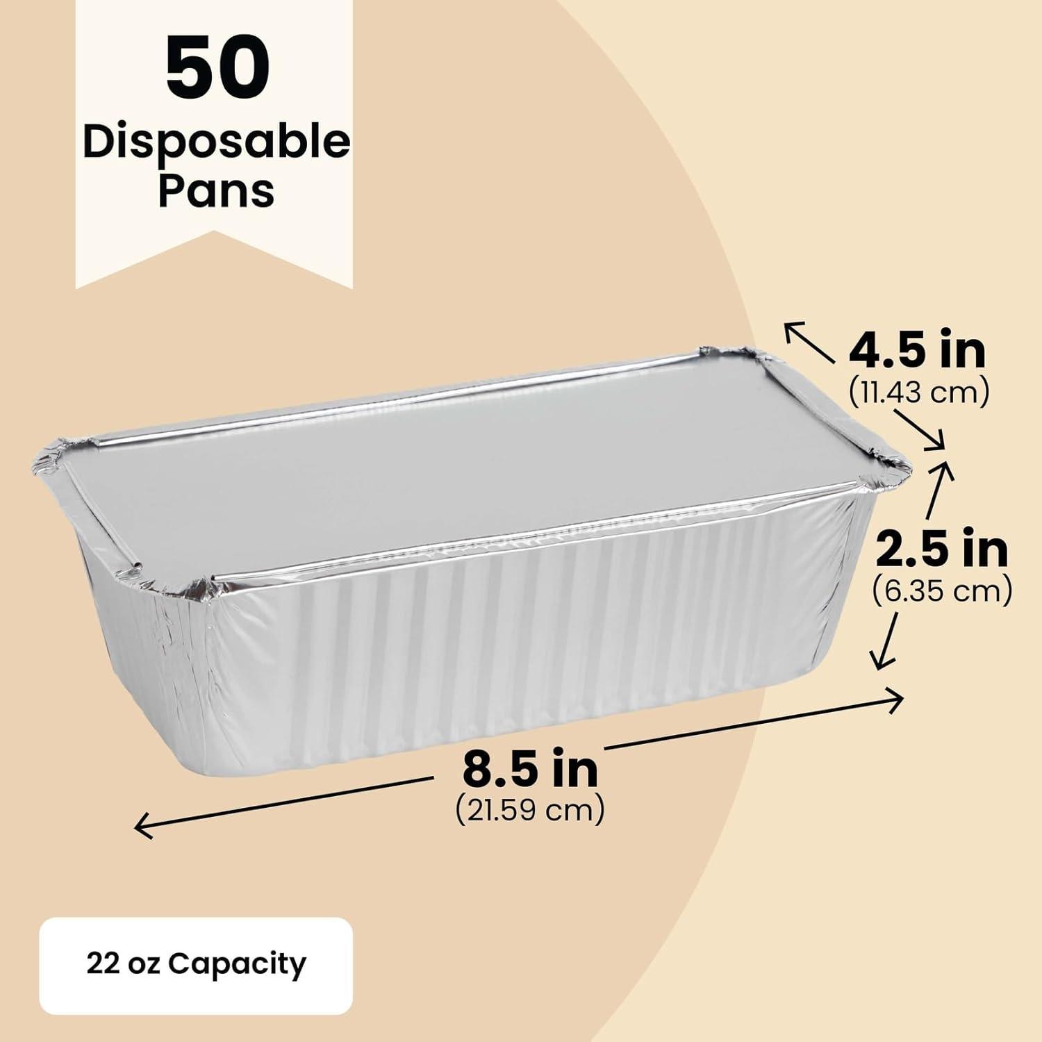 Juvale 50 Pack Disposable Aluminum Loaf Pans with Lids, 22oz Tins for Baking, Heating, Storing, 8.5 x 2.5 x 4.5 In