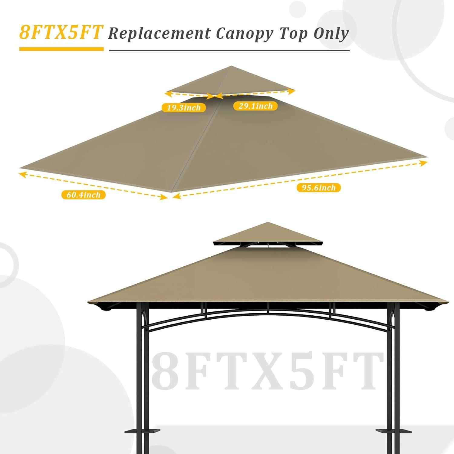 Grill Gazebo Replacement Top, 5 * 8 Outdoor BBQ Top Cover, Double Layer BBQ Gazebo Top Canopy for Model #L-GG001PST-F (Khaki)