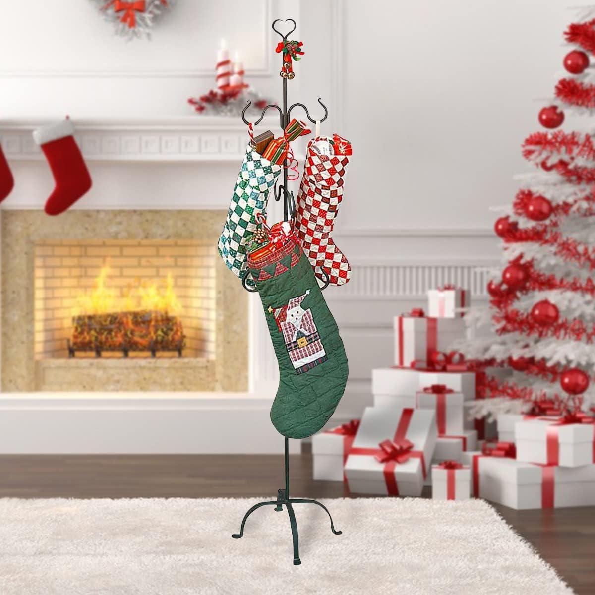 Black Wrought Iron Freestanding Christmas Stocking Holder with Hooks