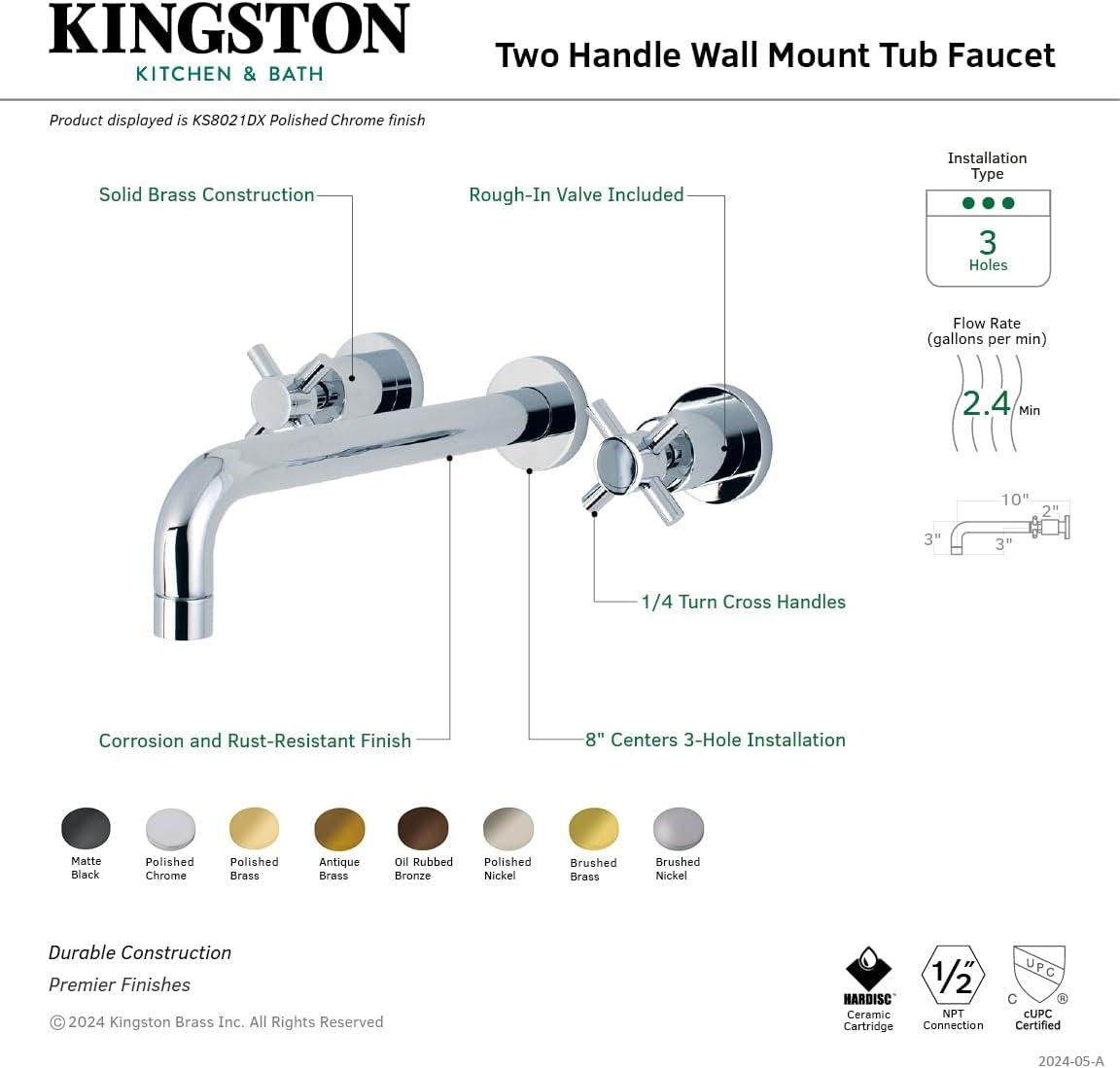 Kingston Brass Concord Two-Handle 3-Hole Wall Mount Roman Tub Faucet