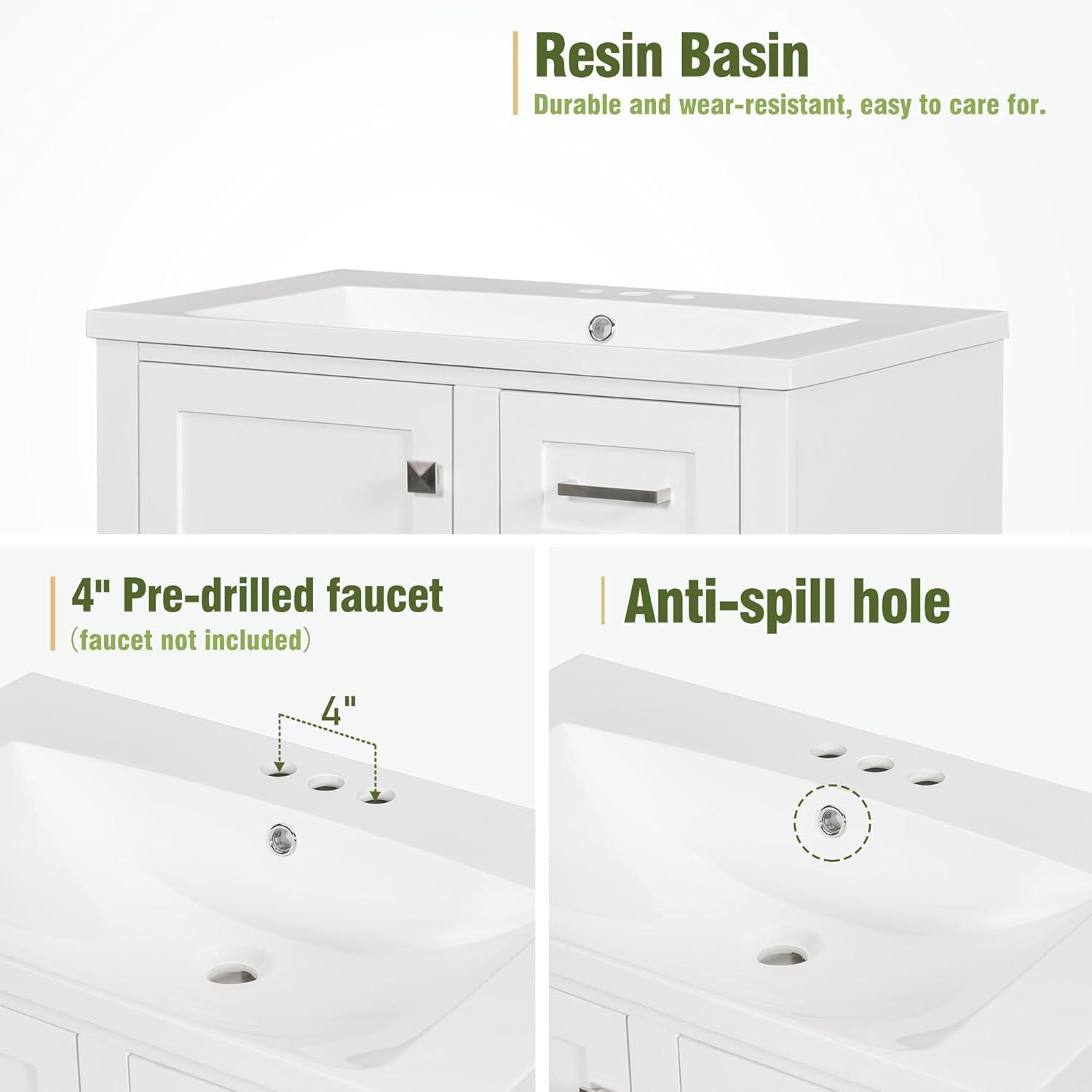 Merax 30 in Bathroom Vanity with Sink,3 Drawers and 4 Doors,Wood Single Sink Bathroom Vanity,Modern White Bathroom Vanities Sink Cabinet Floor Standing with Sink Combo Set