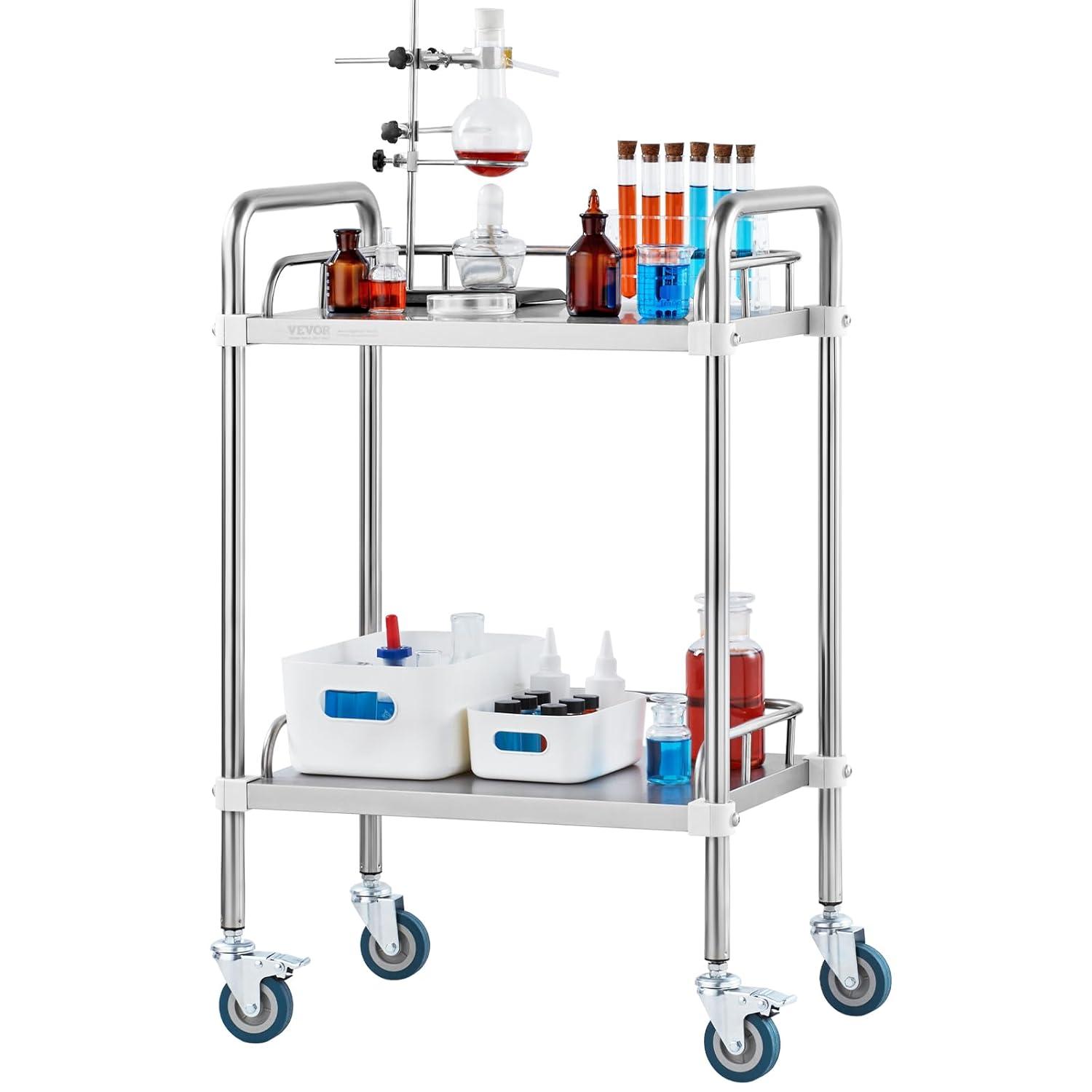 VEVOR Lab Rolling Cart, 2-Shelf Stainless Steel Rolling Cart, Lab Serving Cart with Swivel Casters, Dental Utility Cart for Clinic, Lab, Hospital, Salon, 15.16"x21.57"x34.06"