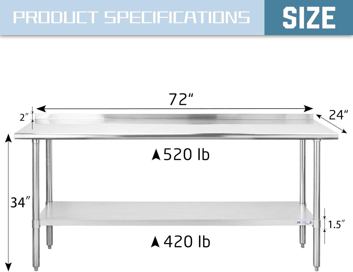 Hally Sinks & Tables HStainless Steel Table for Prep & Work 24 x 72 Inches, NSF Commercial Heavy Duty Table with Undershelf and Backsplash for Restaurant, Home and Hotel
