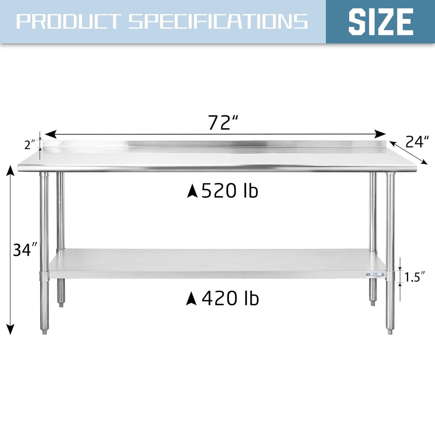 Hally Sinks & Tables HStainless Steel Table for Prep & Work 24 x 72 Inches, NSF Commercial Heavy Duty Table with Undershelf and Backsplash for Restaurant, Home and Hotel