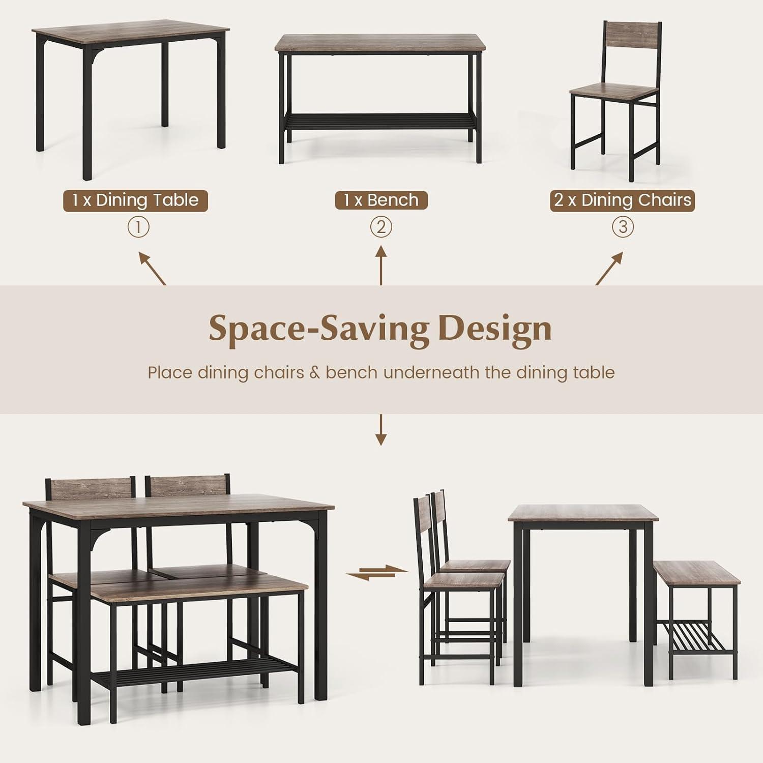 Costway 4pcs Dining Table Set Rustic Desk 2 Chairs & Bench w/ Storage Rack Grey