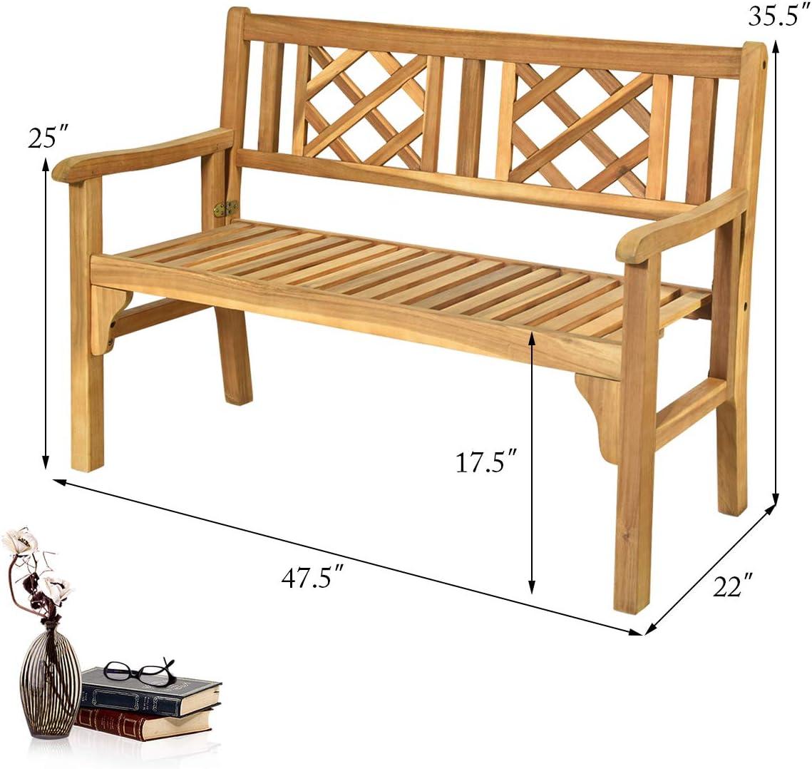 Lorelia Outdoor Bench, Patio Wooden Bench, 4 Ft Foldable Acacia Wood Garden Bench, Outside Loveseat with Curved Backrest and Armrest, 705Lbs Weight Capacity, Park Bench for Outdoors, Porch, Balcony