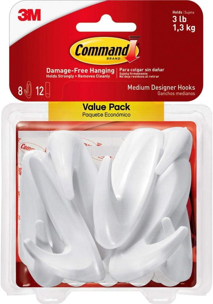 Command Medium Designer Hooks, White, 8 Wall Hooks, Damage-Free Hanging
