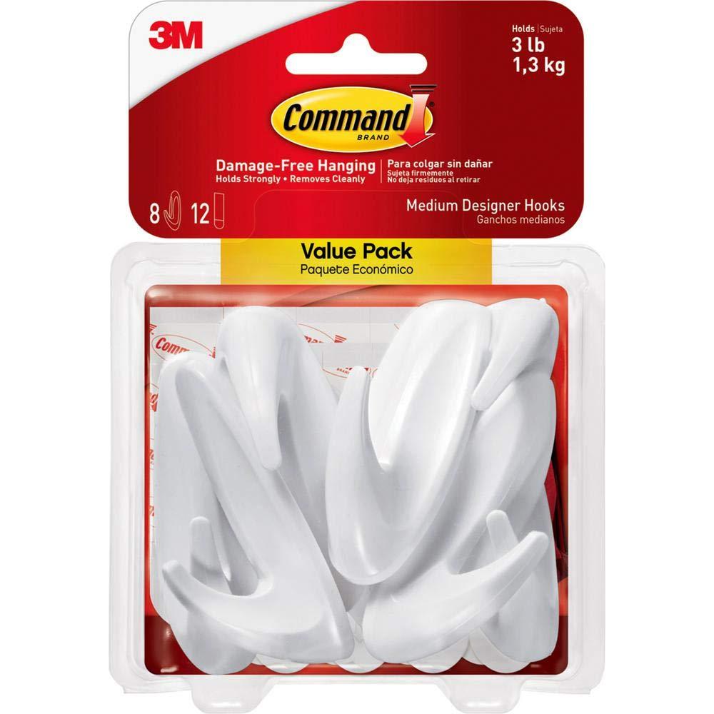 Command Medium Designer Hooks, White, 8 Wall Hooks, Damage-Free Hanging
