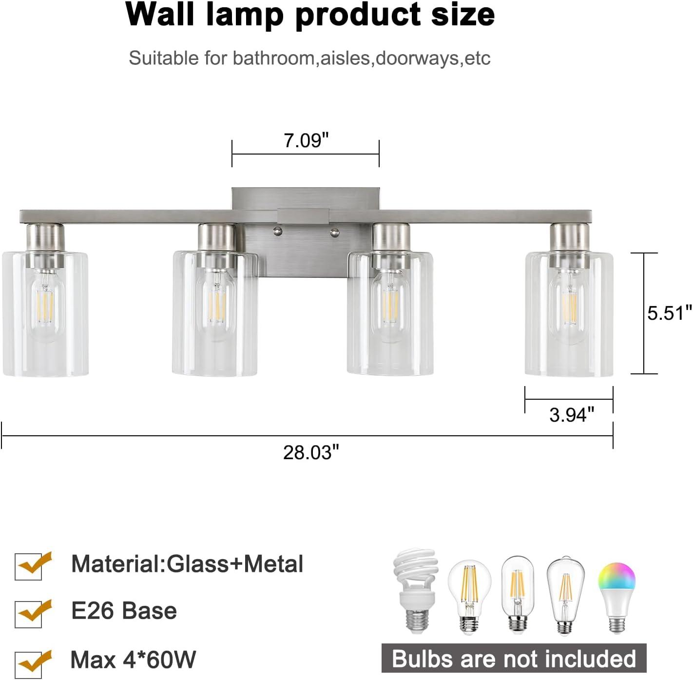 Brushed Nickel 4-Light Bathroom Vanity Fixture with Clear Glass Shades