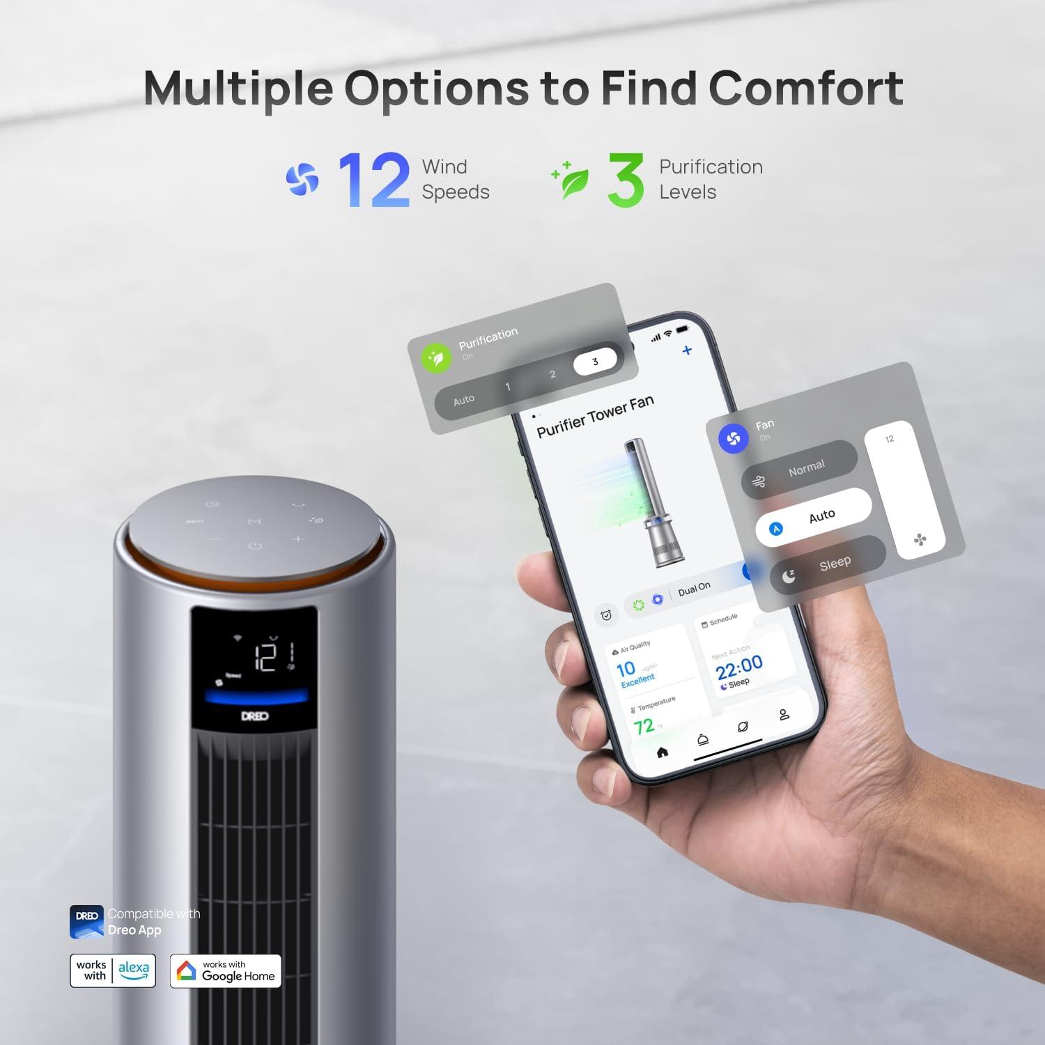 Air Purifier Tower Fan, 45 in. 2-in-1 Smart Fan, 27ft/s Velocity, 120°Oscillation, 24 H Timer, 25dB Low Noise, Silver