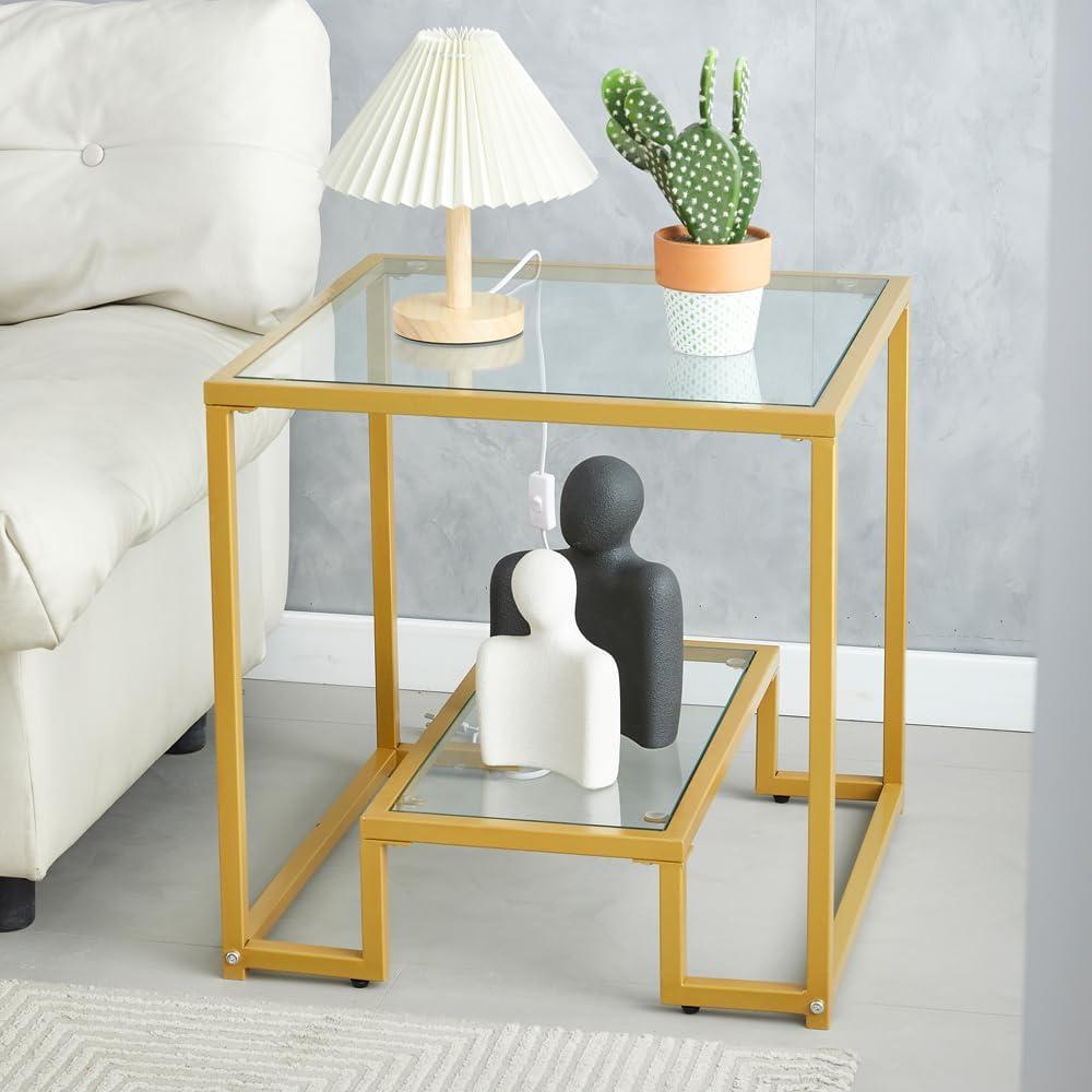 End Table with 2 Layers of Acrylic Glass, Sofa Side Bedside Table with Open Storage Shelf, Small Bedside Table for Living Room, Bedroom, Living Room, Office